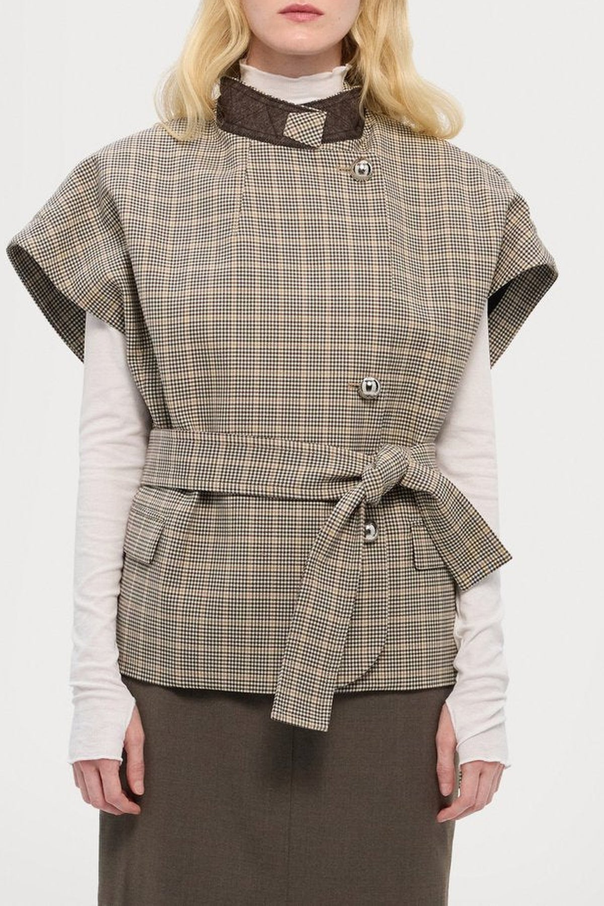 Cape ceinturée à carreaux en laine - Brown & Beige