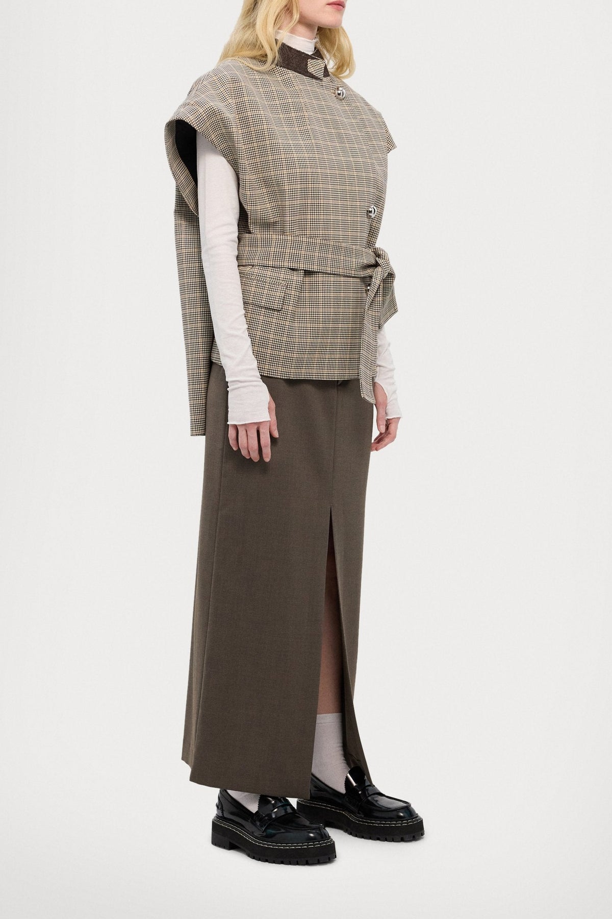 Cape ceinturée à carreaux en laine - Brown & Beige