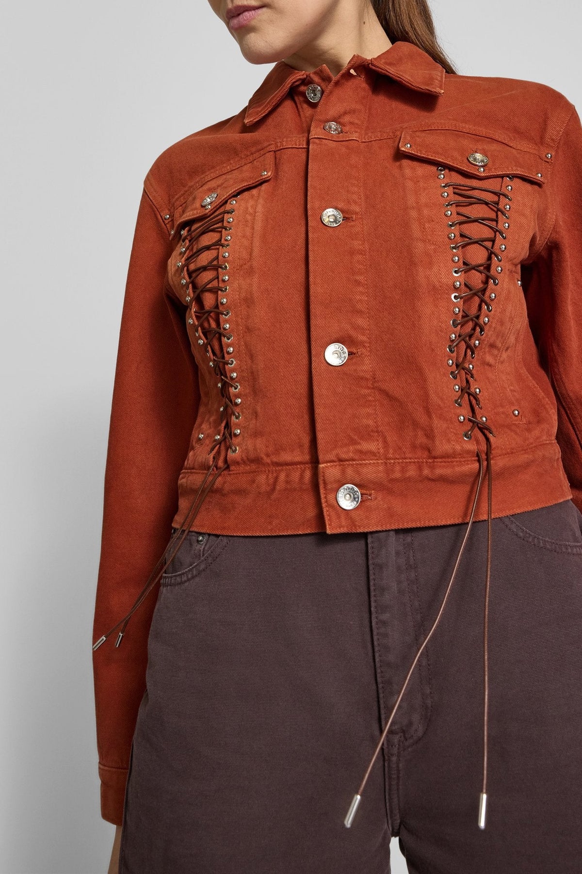 Veste courte à lacets en denim - Brown