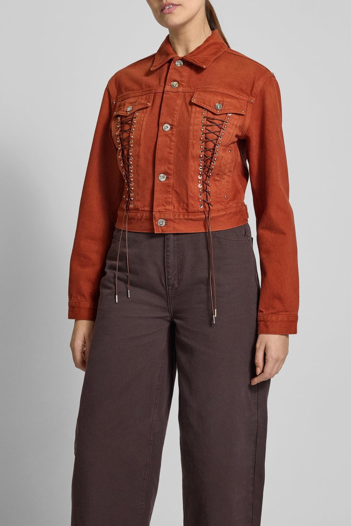 Veste courte à lacets en denim - Brown