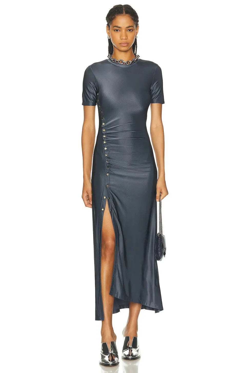 GREY LONG GATHERED DRESS IN JERSEY
