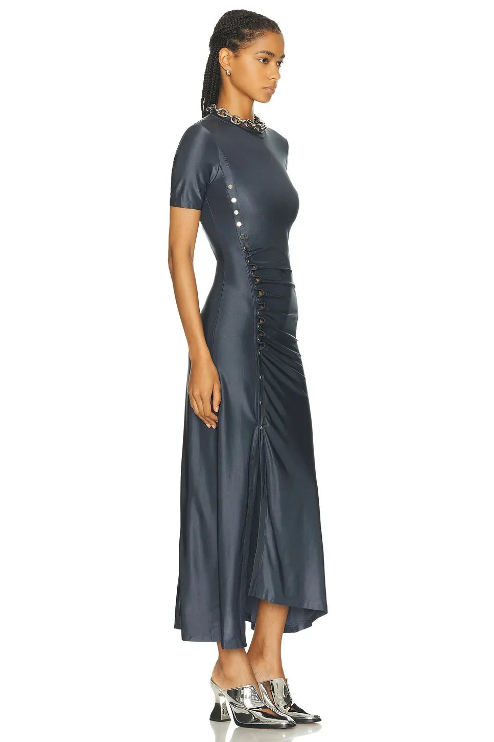 GREY LONG GATHERED DRESS IN JERSEY