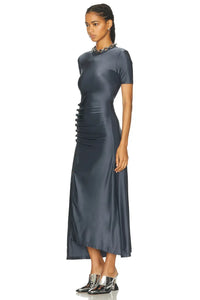 GREY LONG GATHERED DRESS IN JERSEY