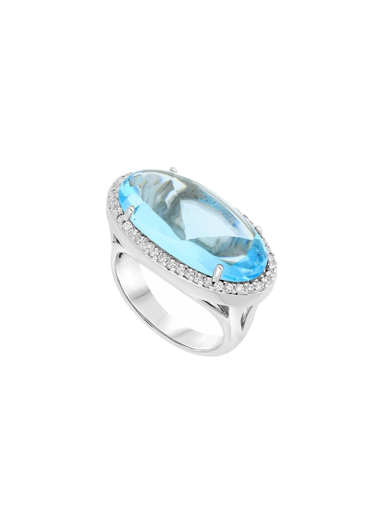 3qty DJV / QTY DISPO : 3-QTY VENDUES : 1-ST : 33% PRIX DJV : 350€ // Argent Rhodié Bague en argent rhodié sertie de cabochon topaze bleue et pavée de Burmalite™ blanche /// RECO : 330€
