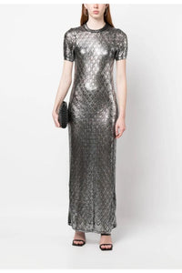 Long dress with a crew neck and openwork lace - Black