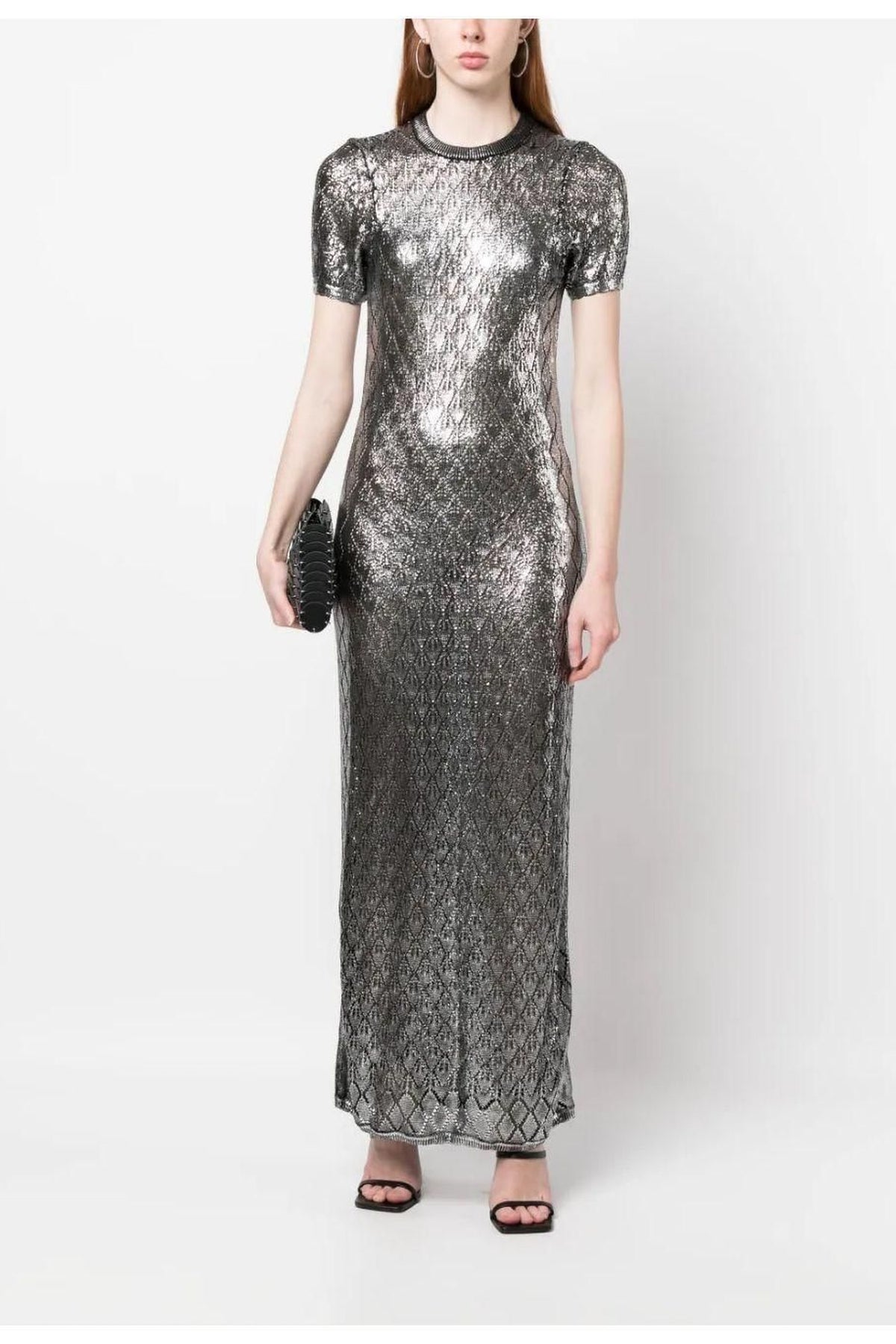 Long dress with a crew neck and openwork lace - Black