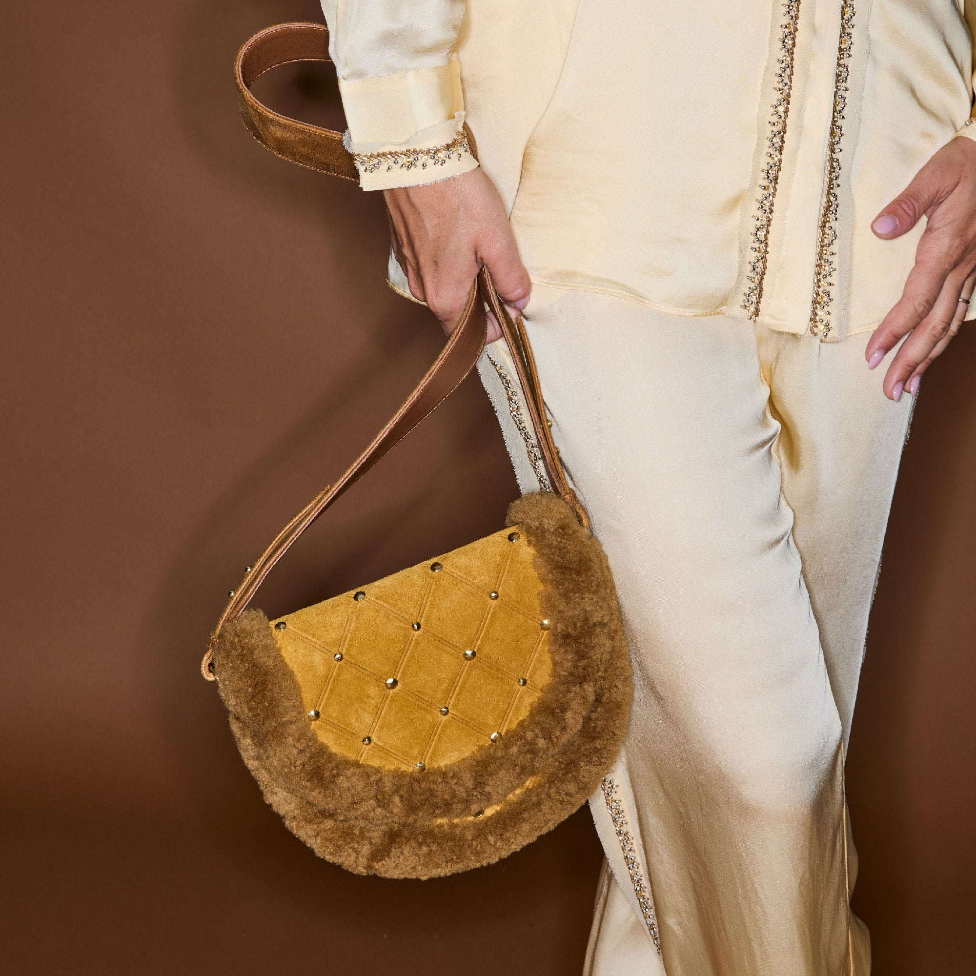 Sac Victoria en cuir & peau lainée - Cuivre & Ambre