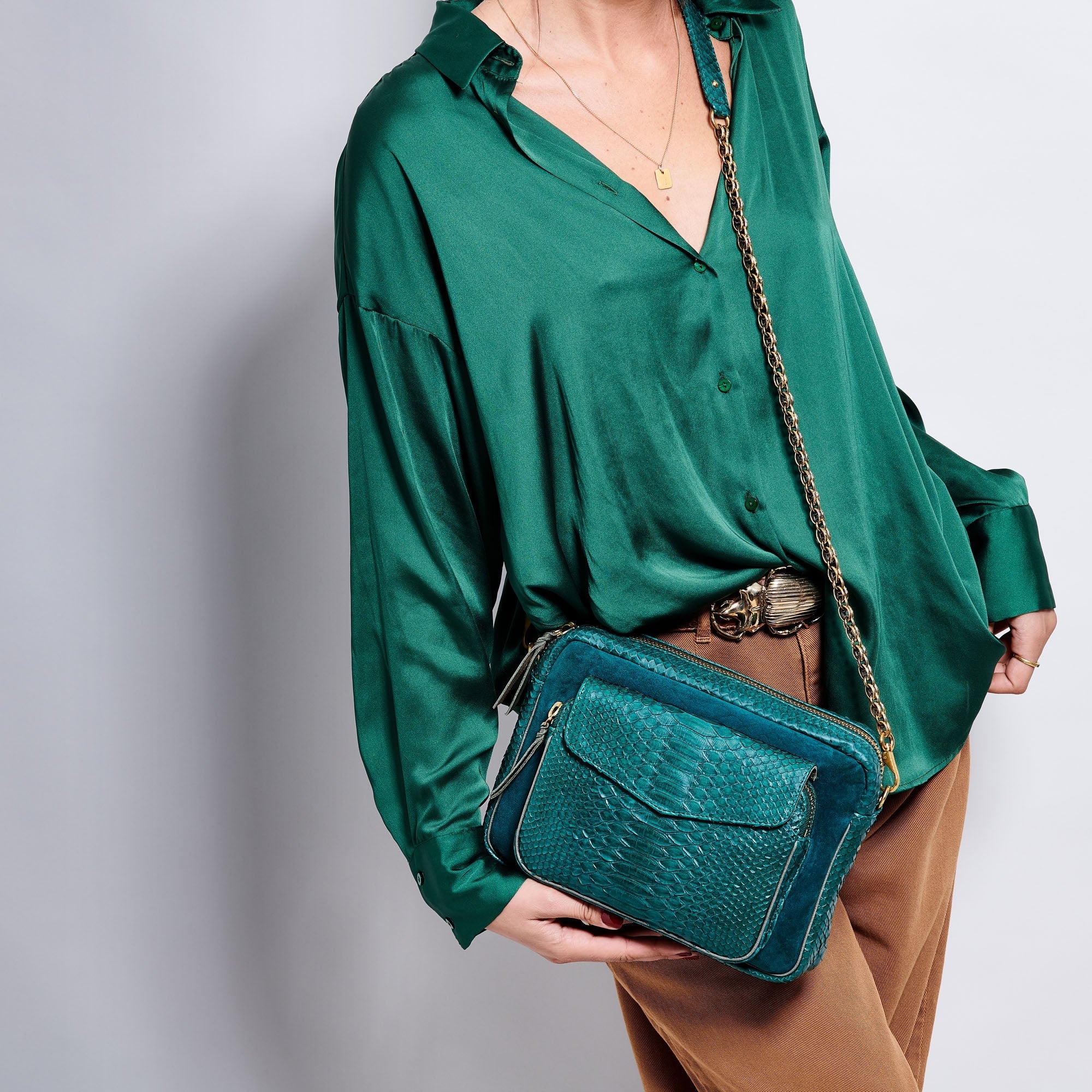 Grand sac Charly chaîne en python - Bleu Canard