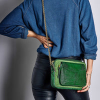 Grand sac Charly chaîne en lézard et python - Vert Mousse