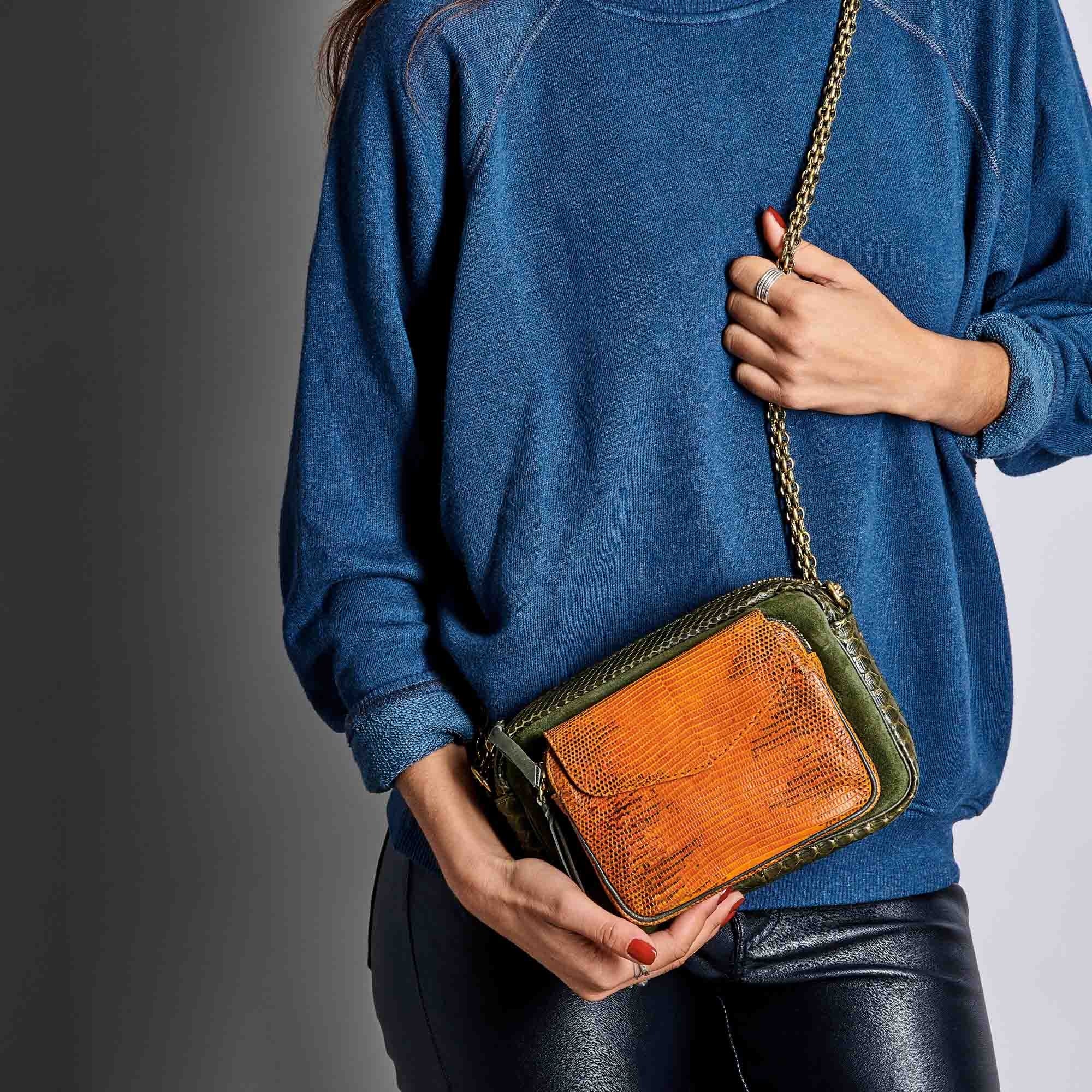 Charly bag with lizard and python chain - Khaki Orange