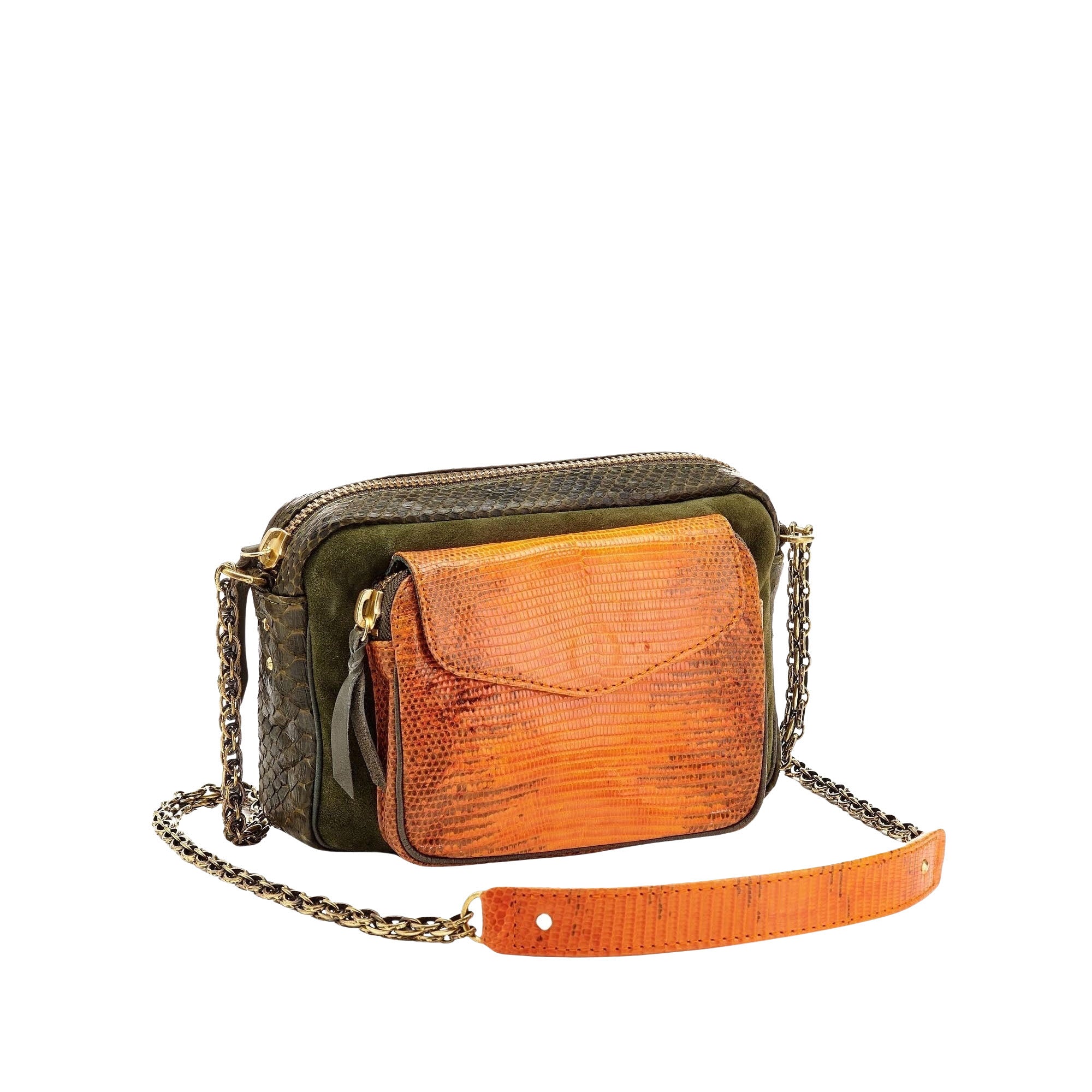 Charly bag with lizard and python chain - Khaki Orange