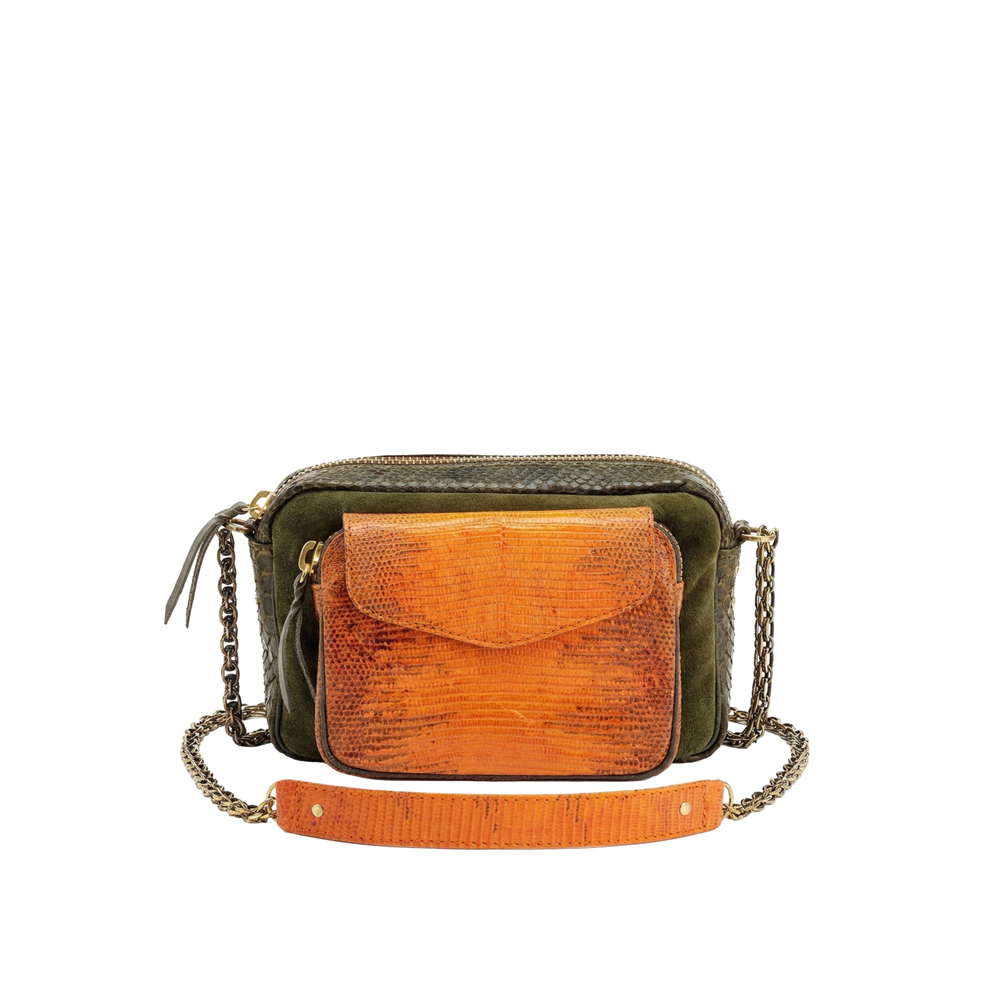 Charly bag with lizard and python chain - Khaki Orange