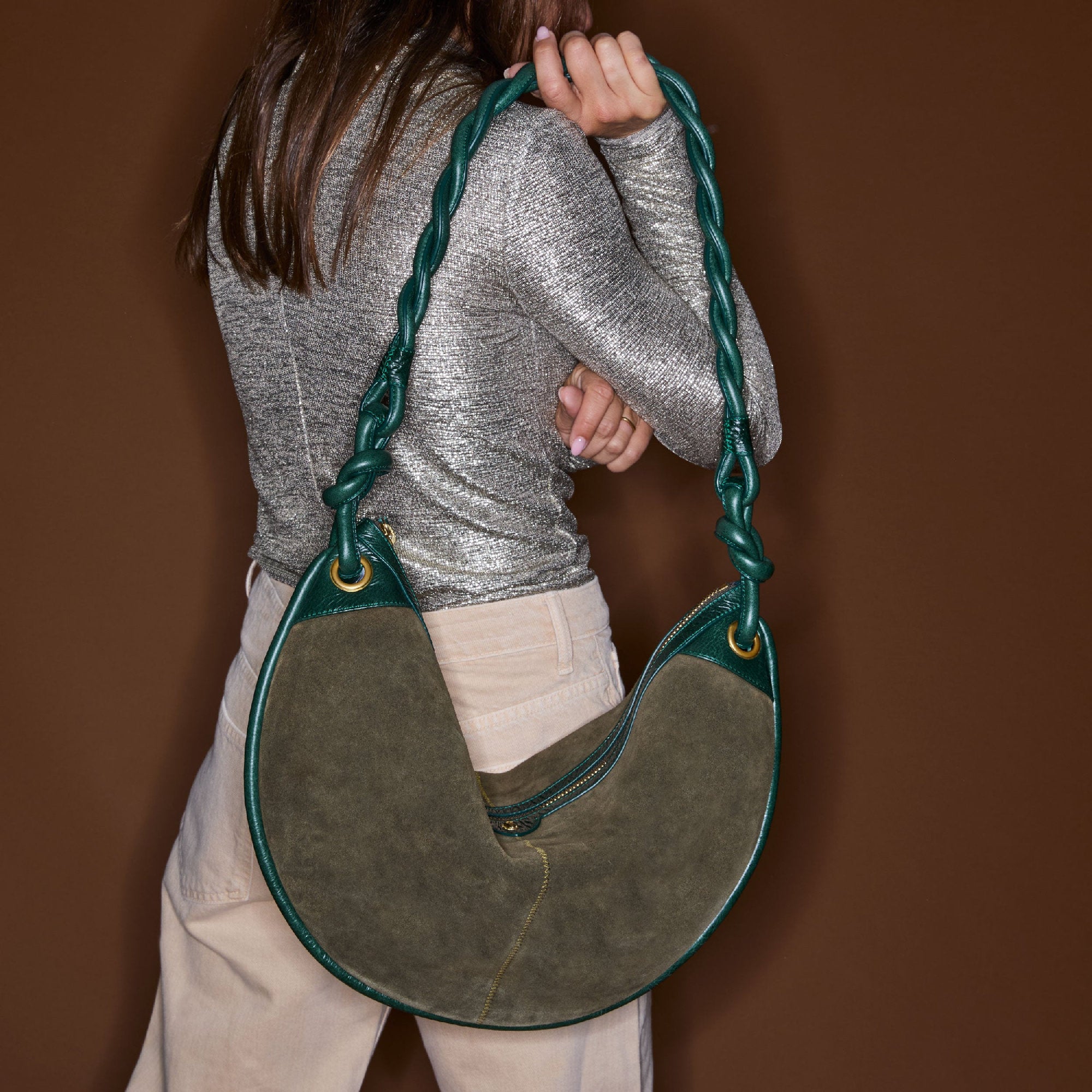 Chris bag in suede - Green & Bronze