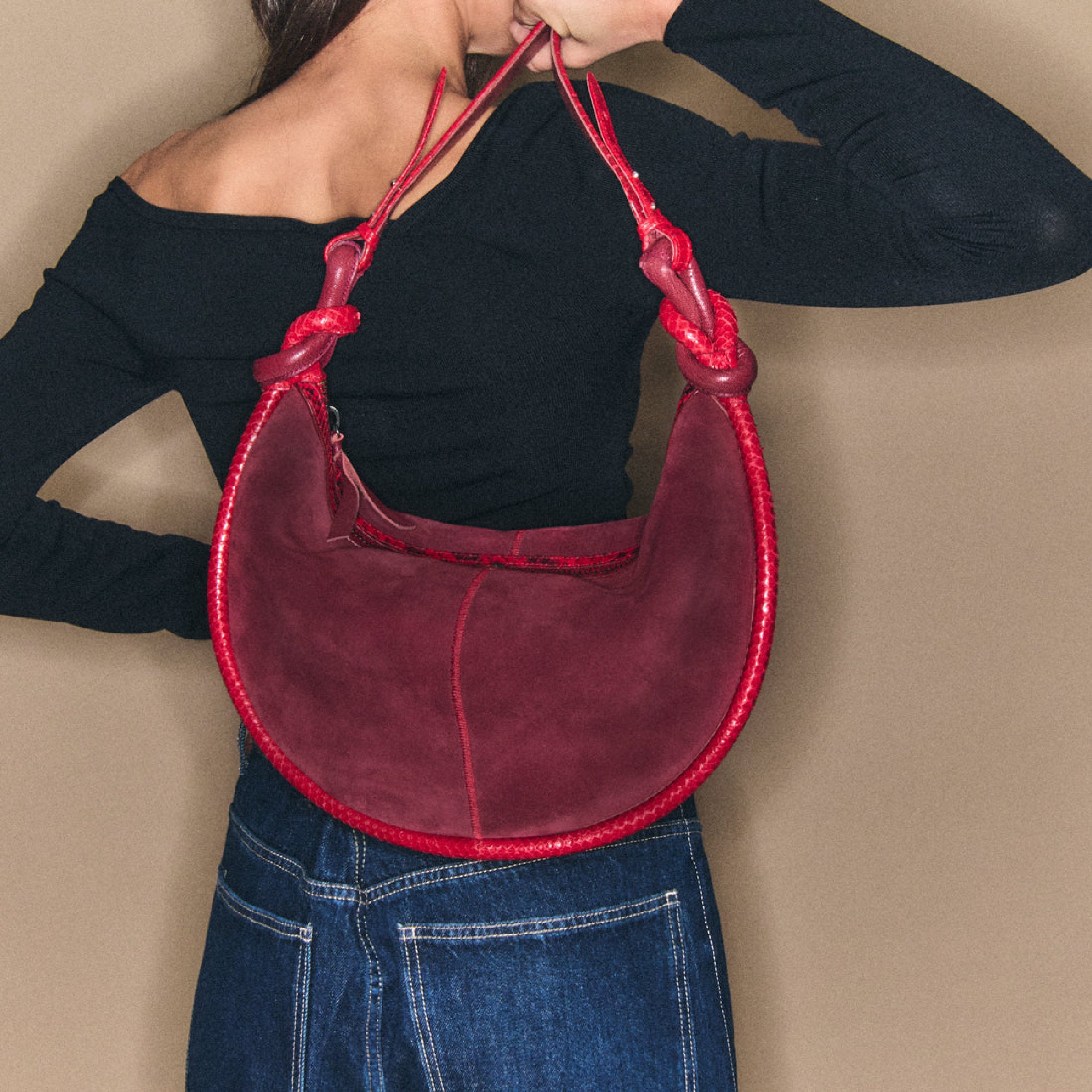 Sac Chris en cuir de veau et python - Bordeaux & Rubis