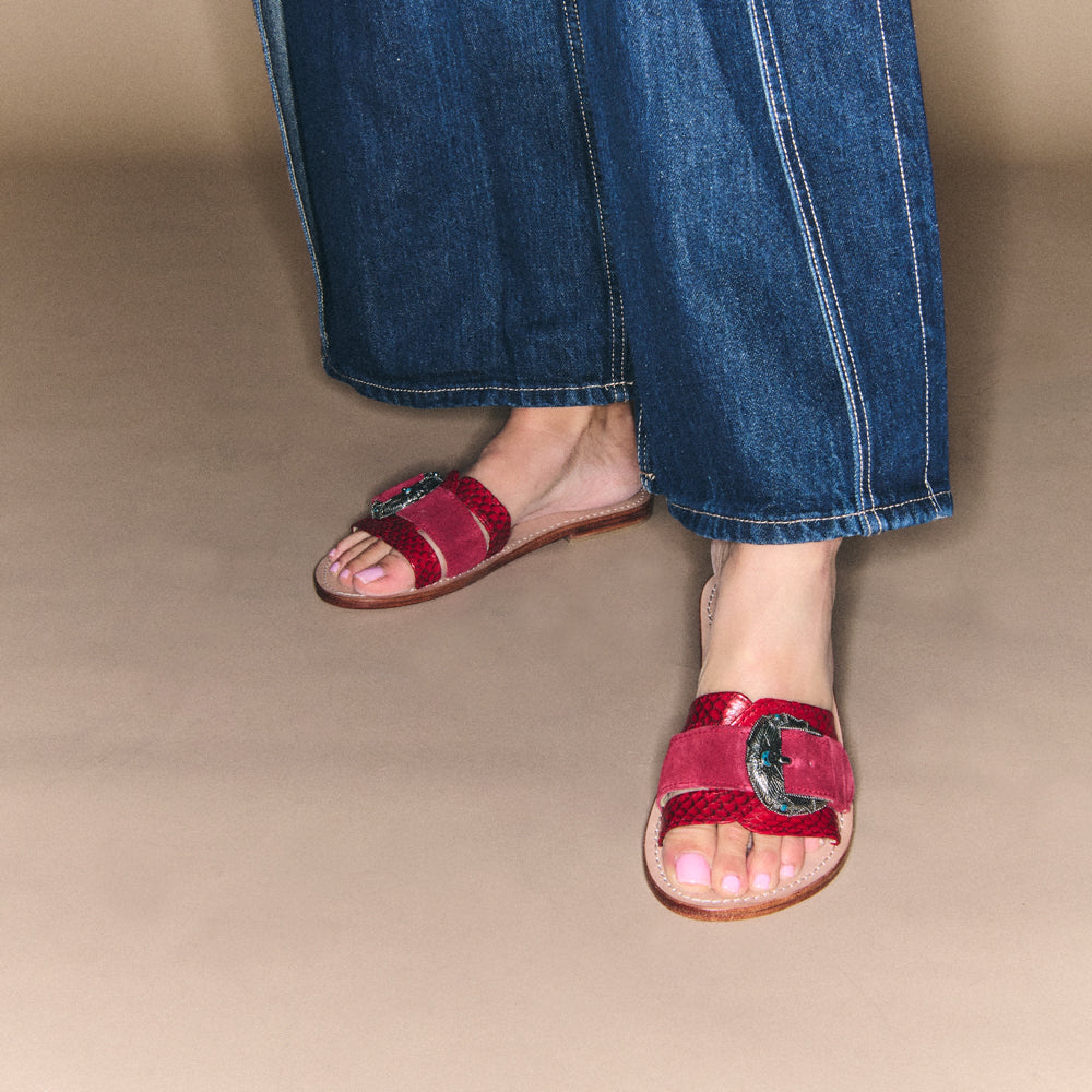 Sandales Violette en cobra et suède - Rouge & Bordeaux