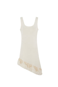 Asymmetrical fringed dress in linen - Natural White
