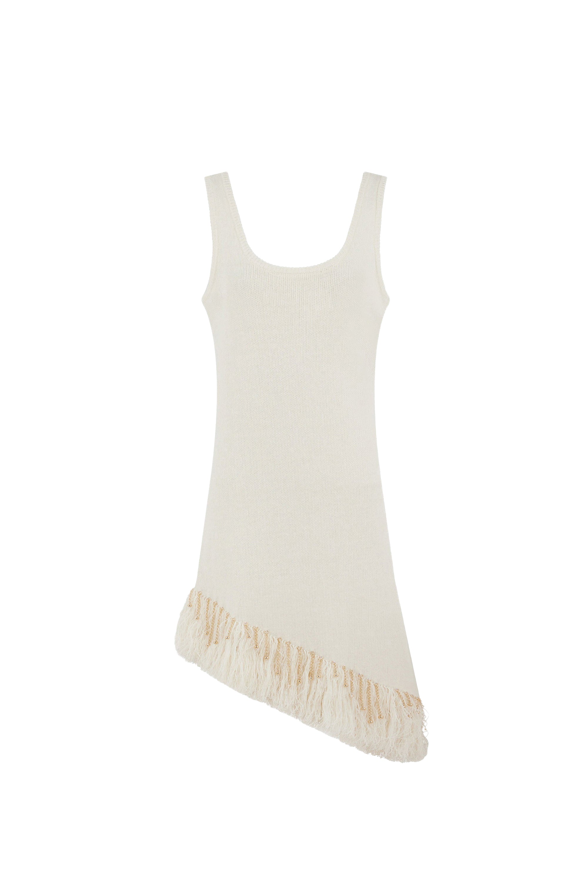 Asymmetrical fringed dress in linen - Natural White