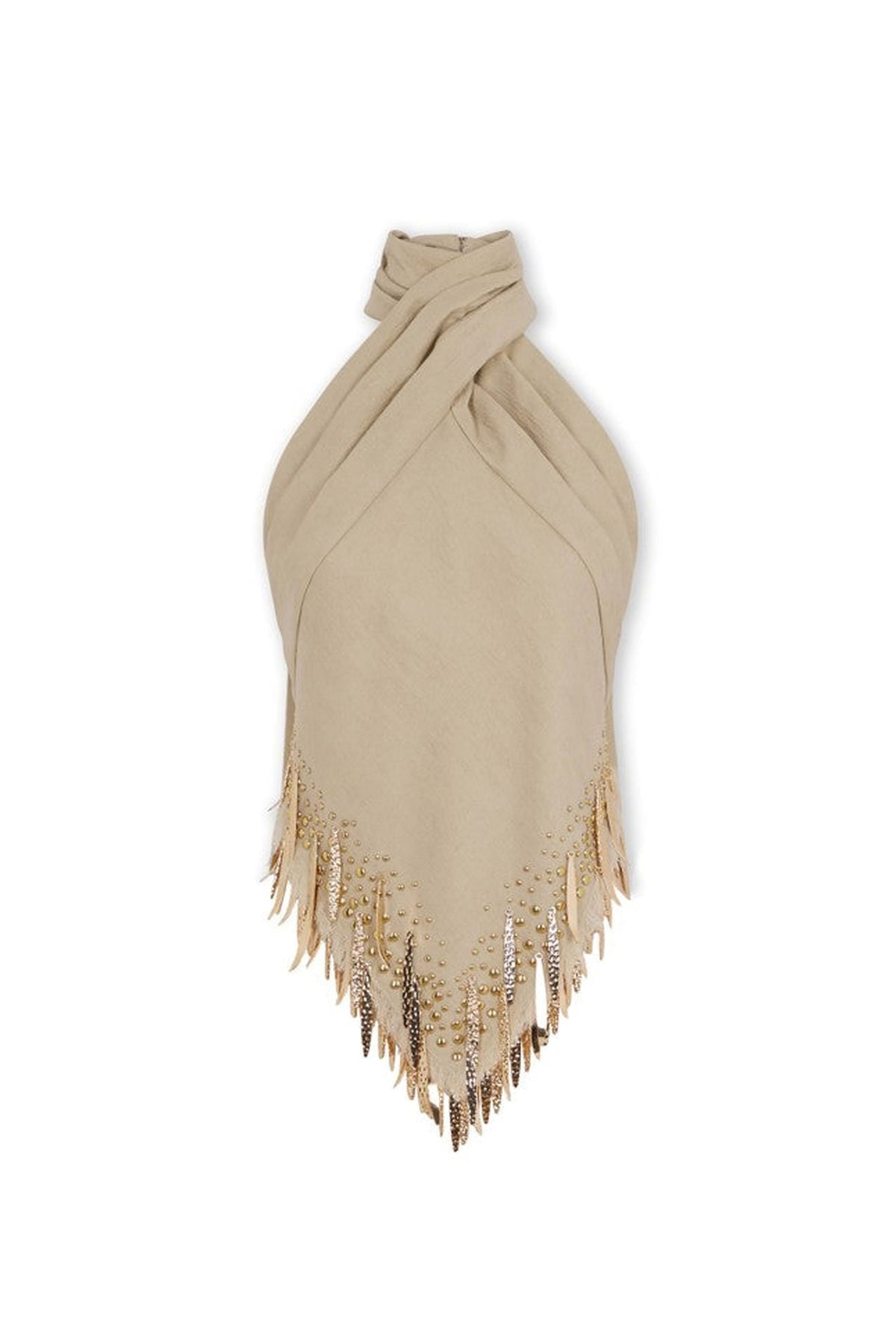 Top dos nu orné de franges en laine - Sable