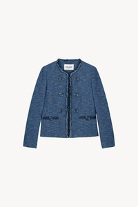 Veste col rond tresse + frange - Bleu Denim