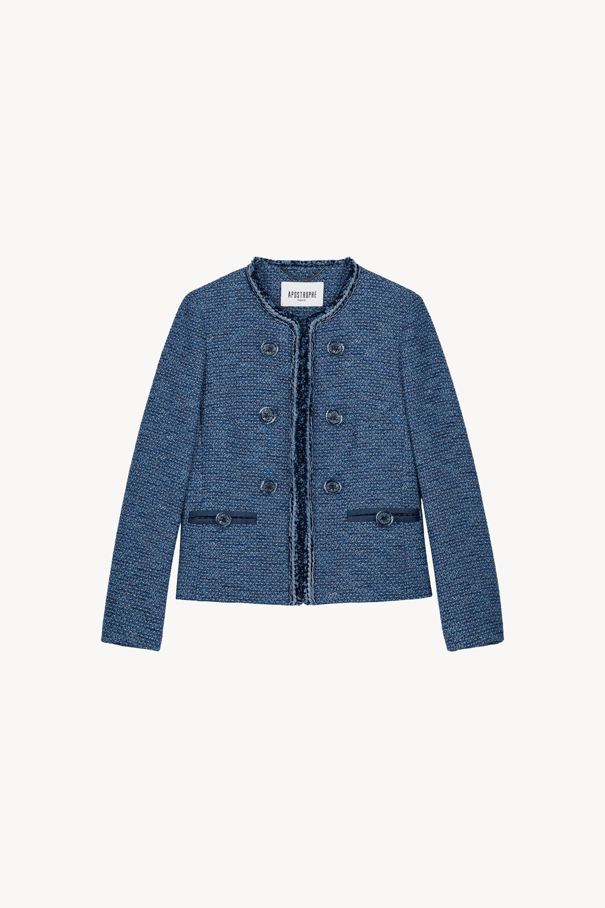 Veste col rond tresse + frange - Bleu Denim