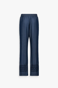 Pantalon droit fluide broderie - Bleu Denim