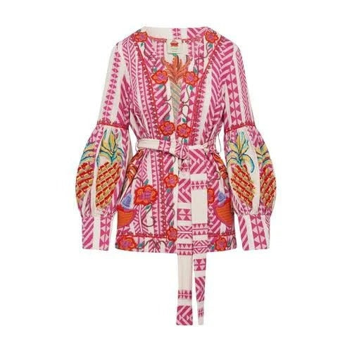 Kimono brodé en coton - Rose