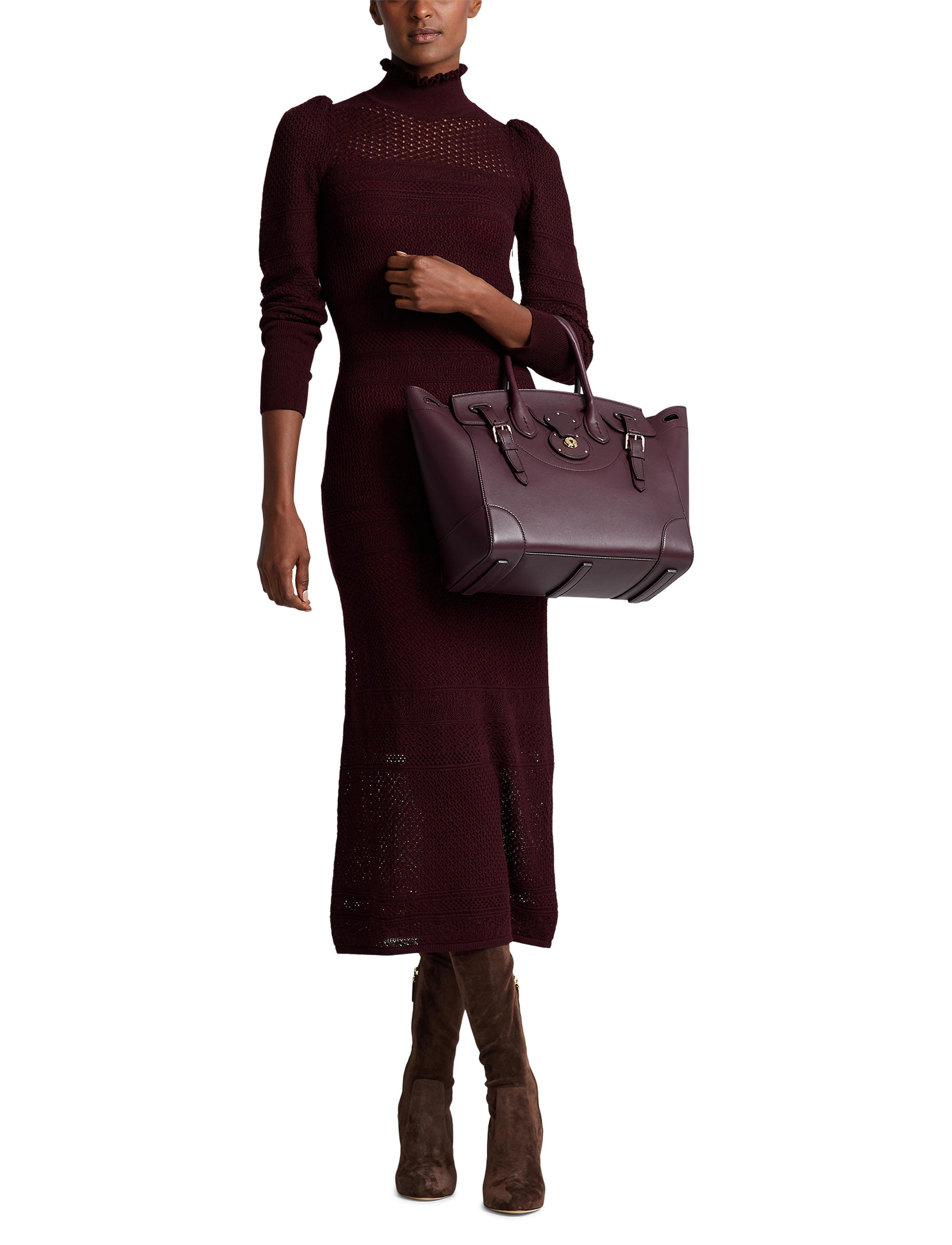 Robe-pull de cocktail manches bouffantes en soie et cachemire mélangé - Bordeaux