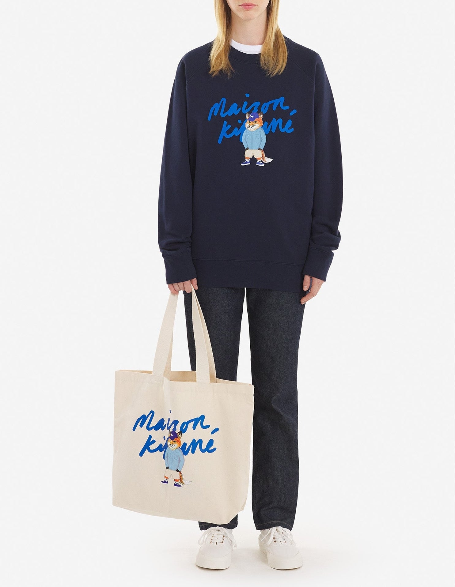 Sweatshirt à col rond avec impression et inscription - Navy