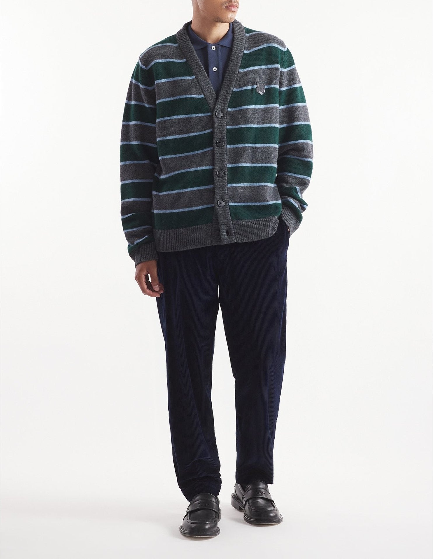 Wool striped cardigan - Bottle Blue Charcoal