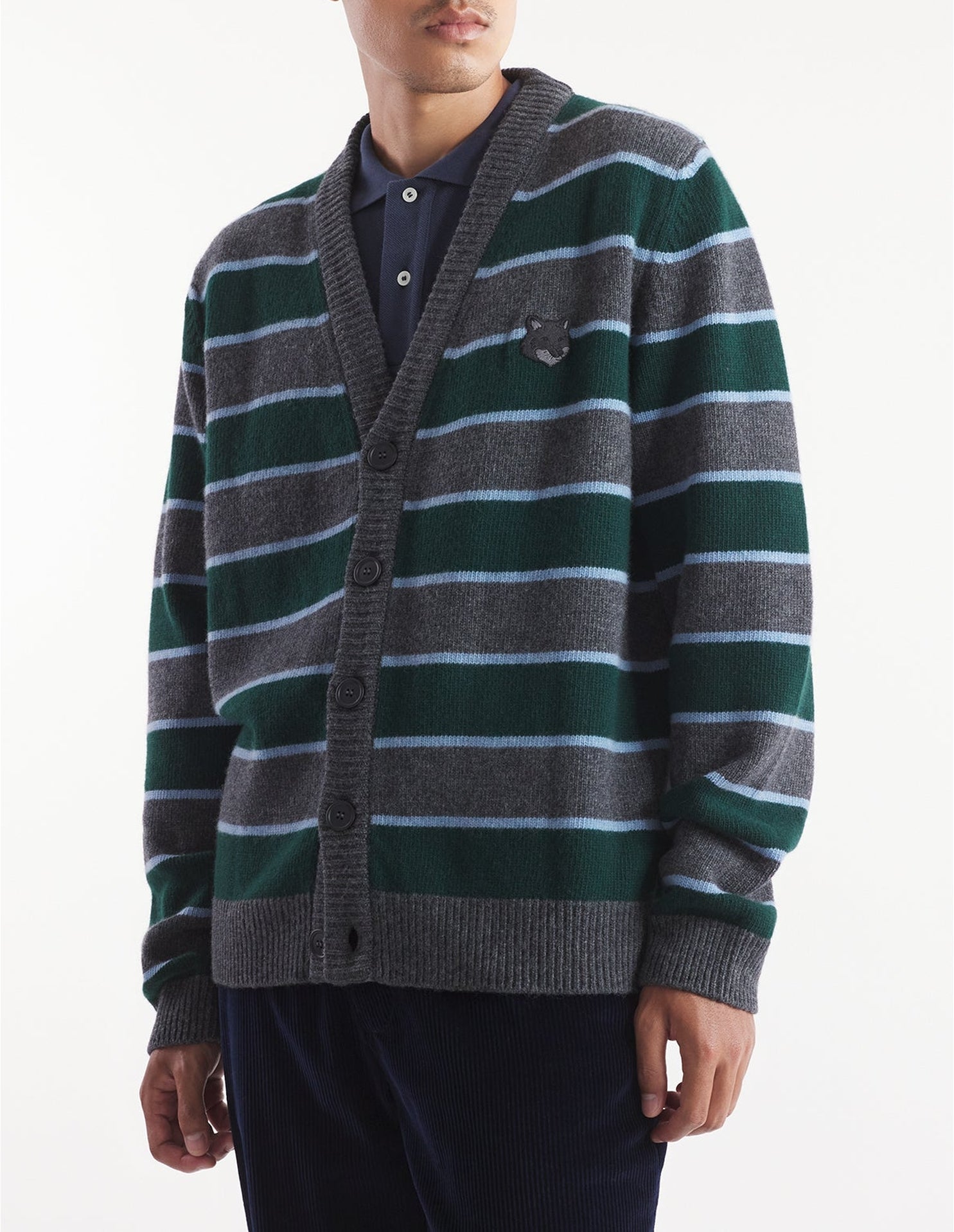 Bold Fox Head wool stripe cardigan - Bottle Blue Charcoal
