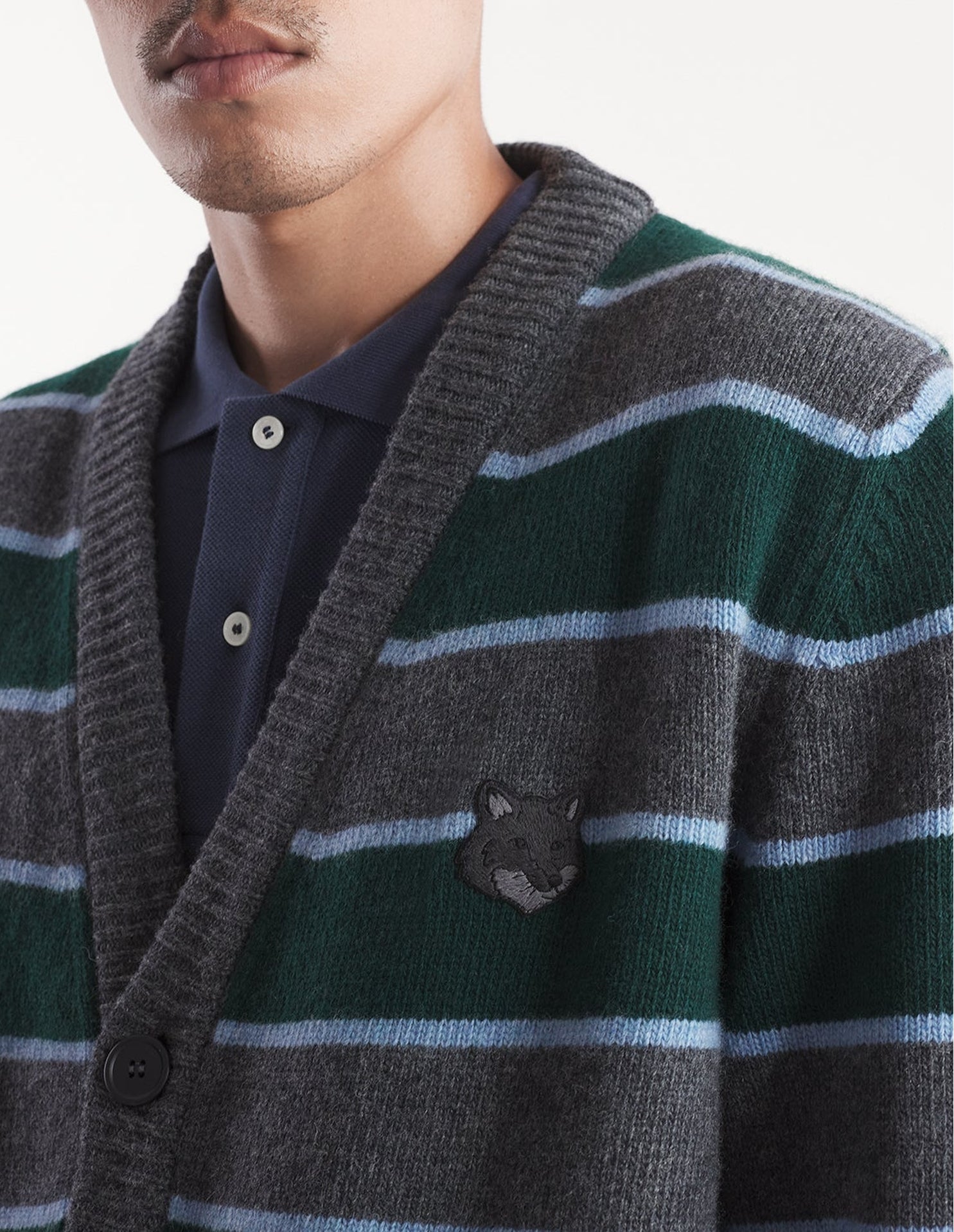 Bold Fox Head wool stripe cardigan - Bottle Blue Charcoal