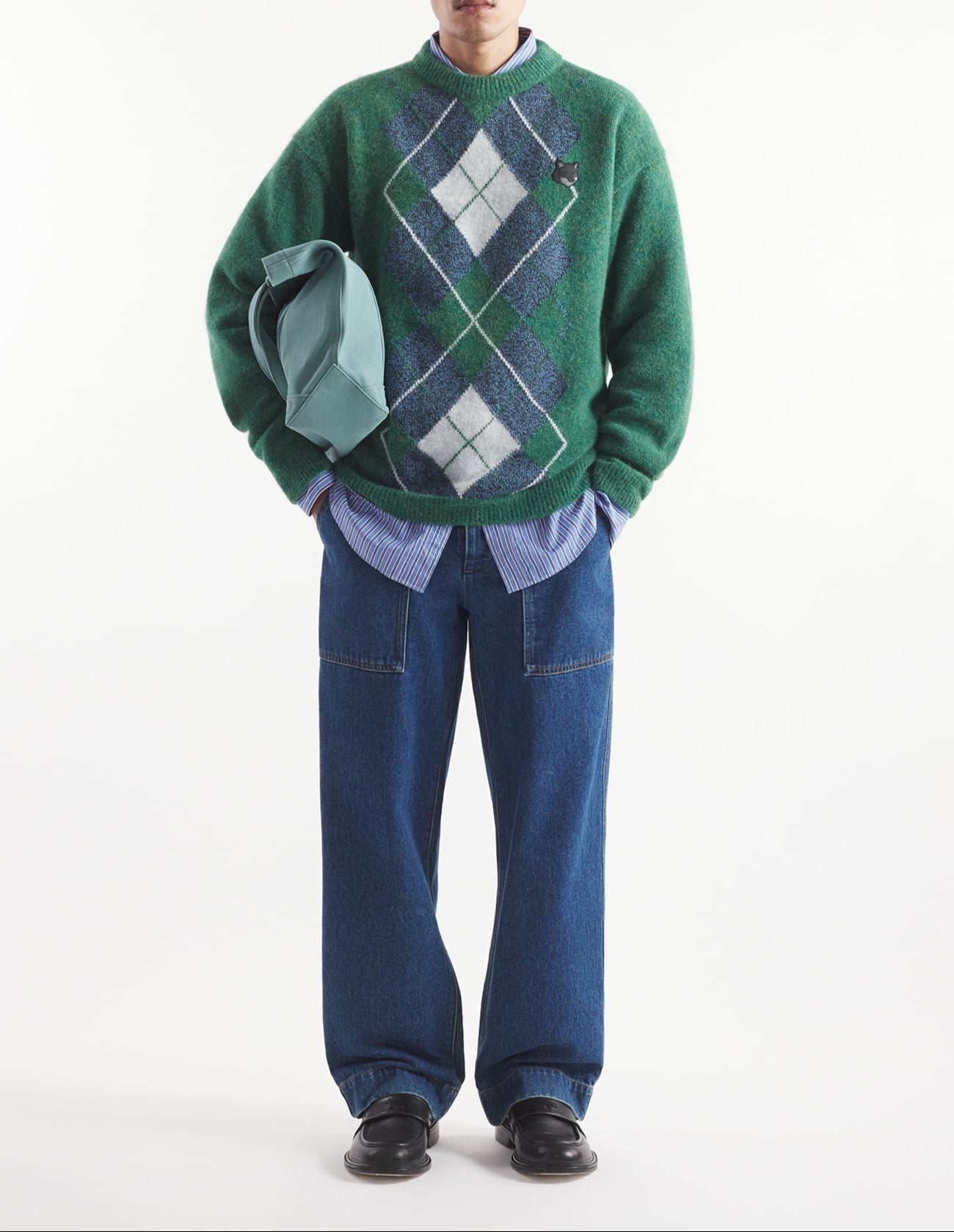 Bold Fox Head Fox pullover with wool badge - Bottle Blue Charcoal