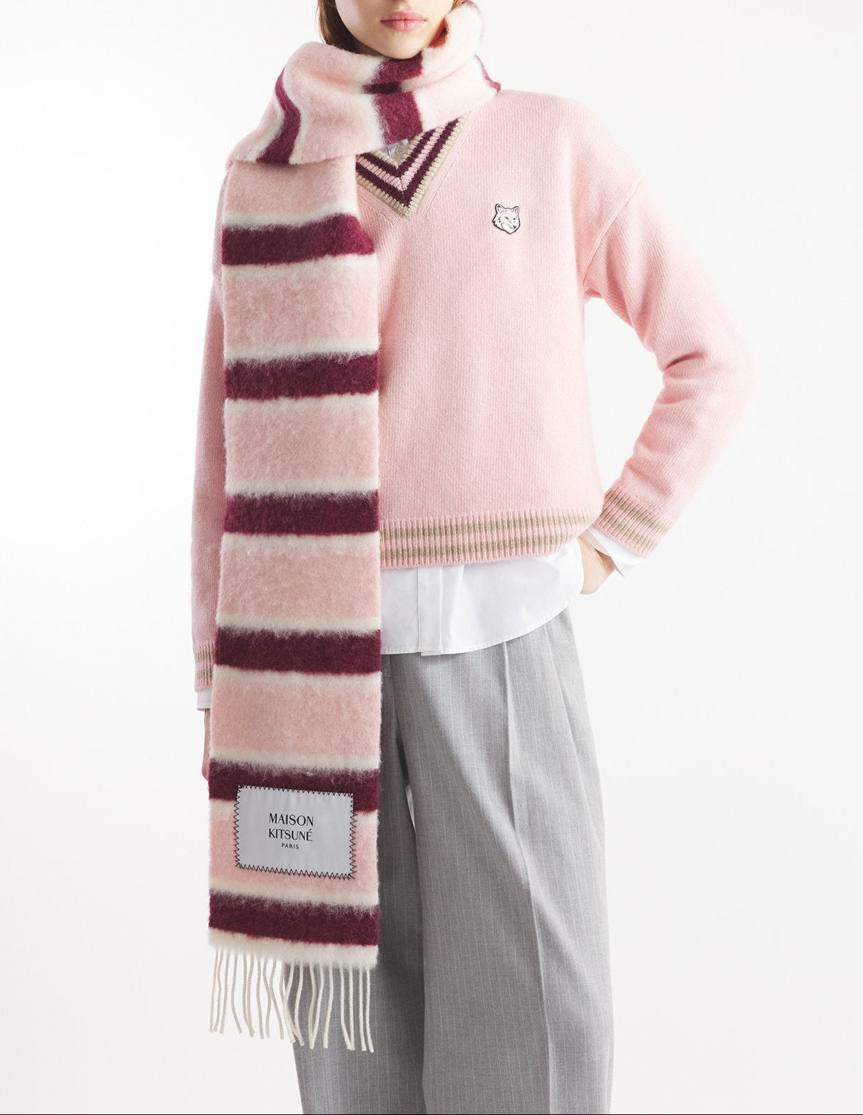 Wool striped scarf - Pink Burgundy Smoke
