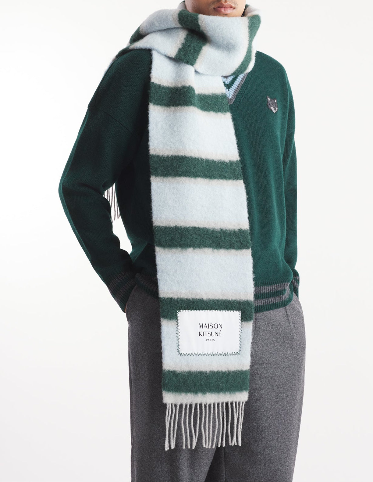 Wool striped scarf - Bottle Blue Charcoal