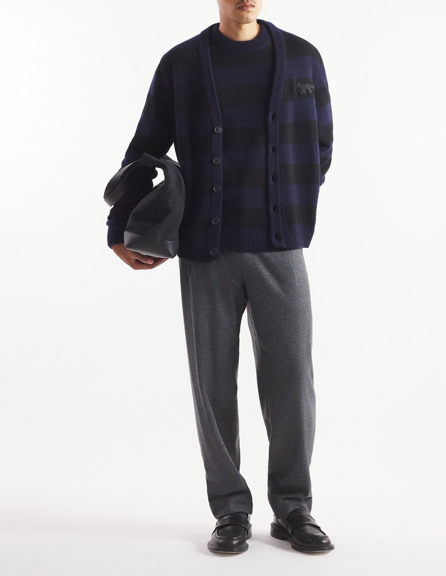 Cardigan rayé Fox Festive en laine - Black & Ink Blue