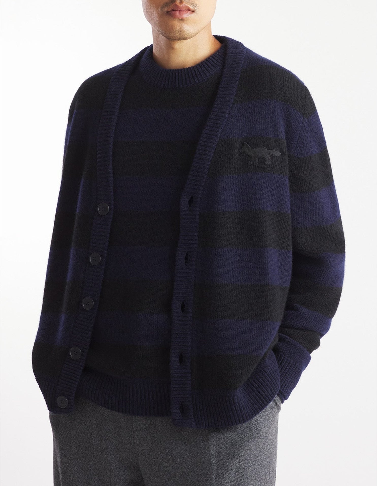 Cardigan rayé Fox Festive en laine - Black & Ink Blue