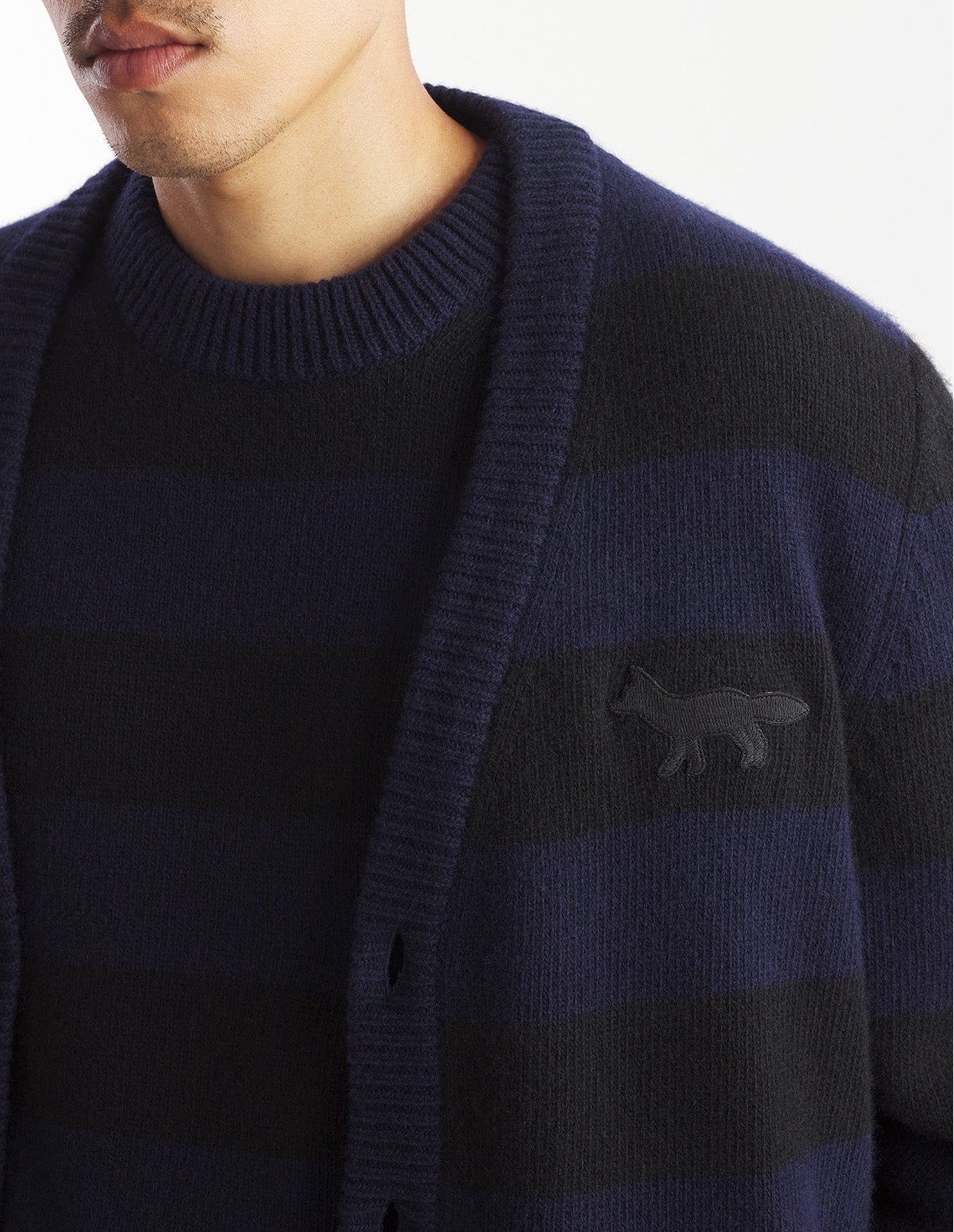 Cardigan rayé Fox Festive en laine - Black & Ink Blue