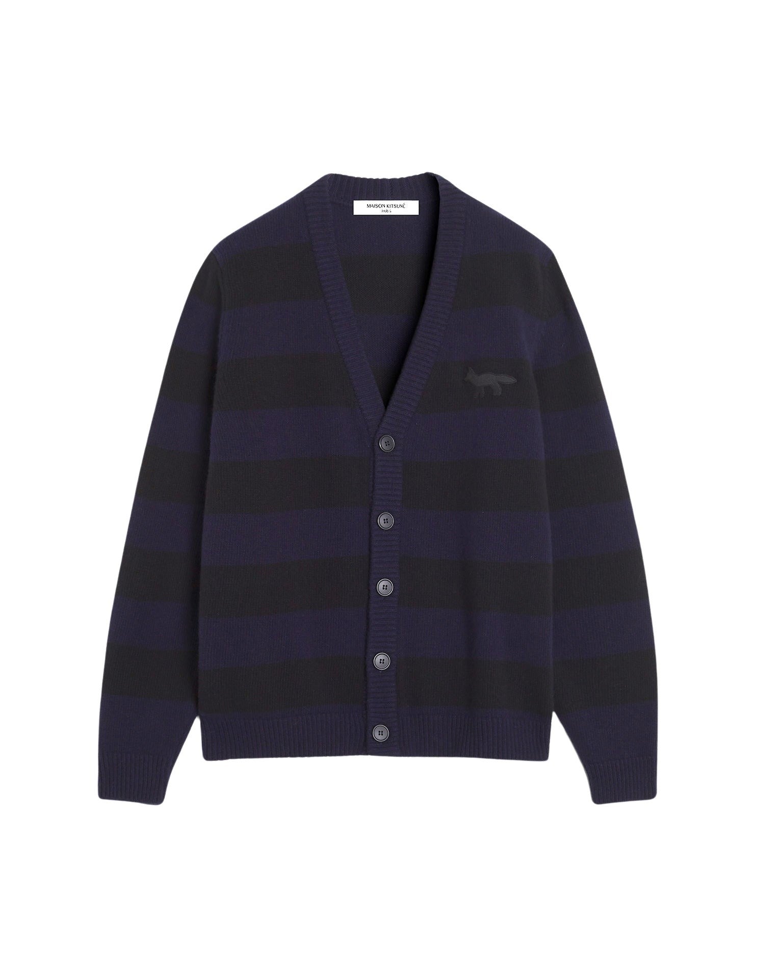 Cardigan rayé Fox Festive en laine - Black & Ink Blue