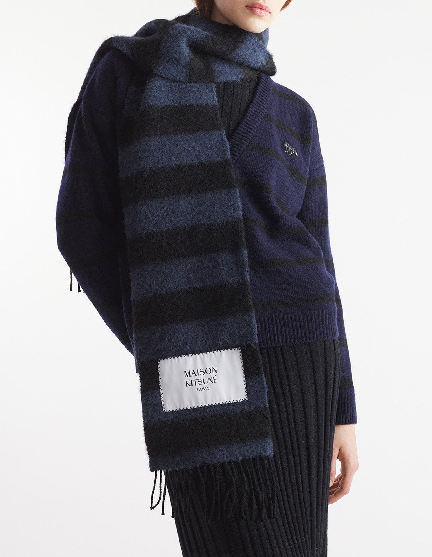 Festive striped wool scarf - Black & Ink Blue