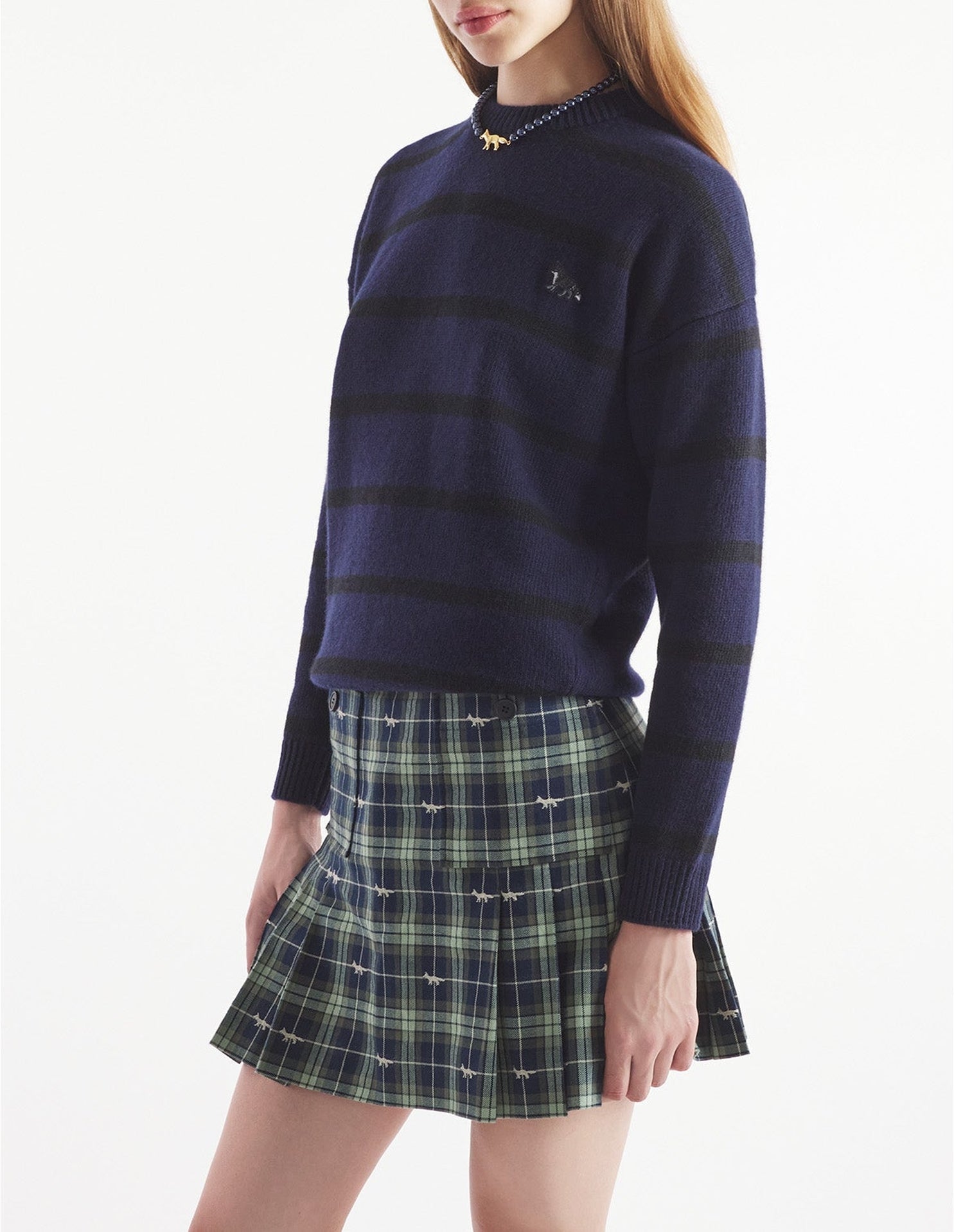 Pull Fox à rayures en laine - Black & Ink Blue