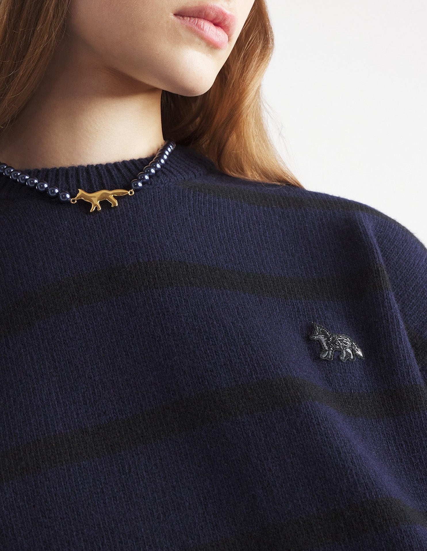 Pull Fox à rayures en laine - Black & Ink Blue