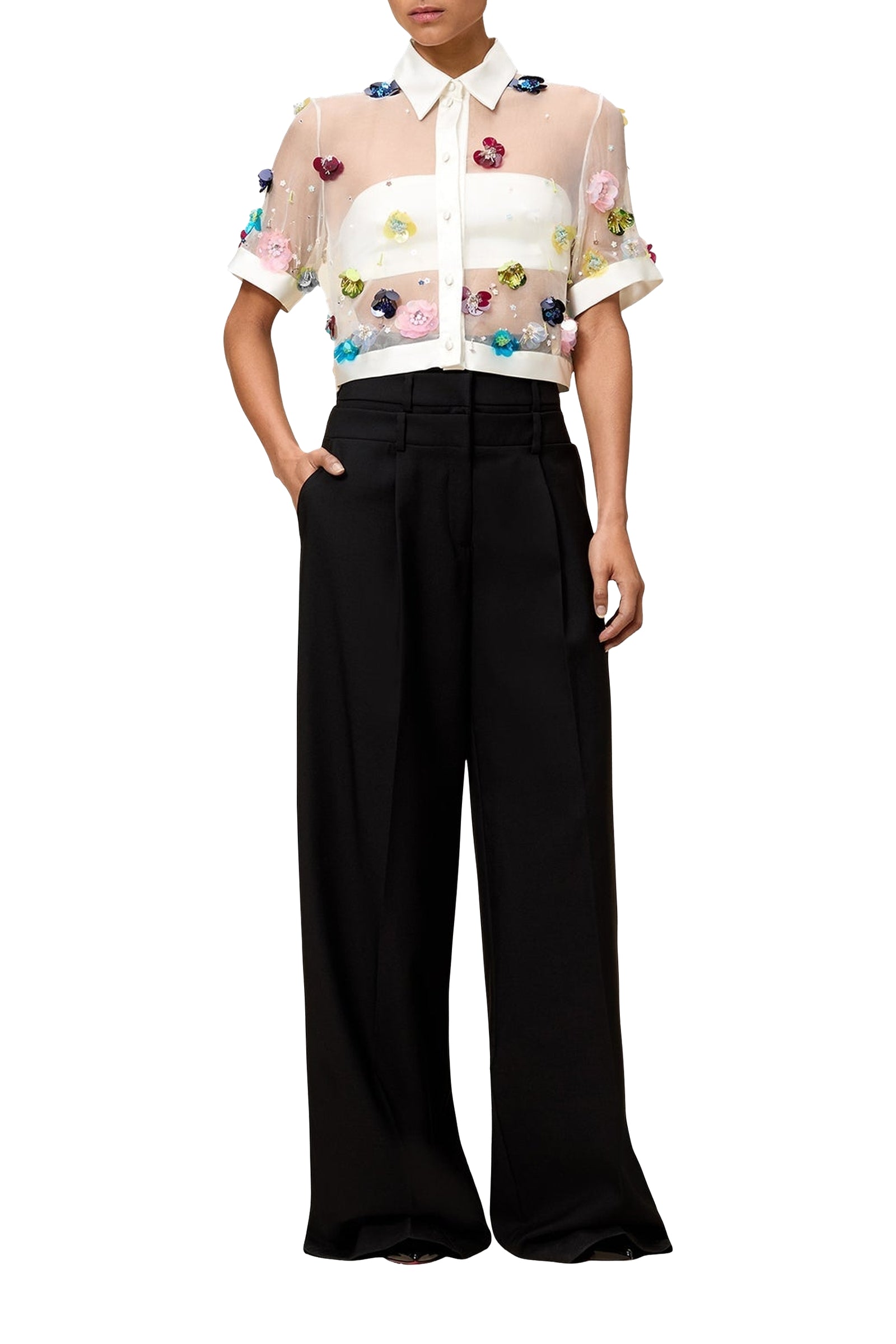 Chemise courte brodée en soie - Multi