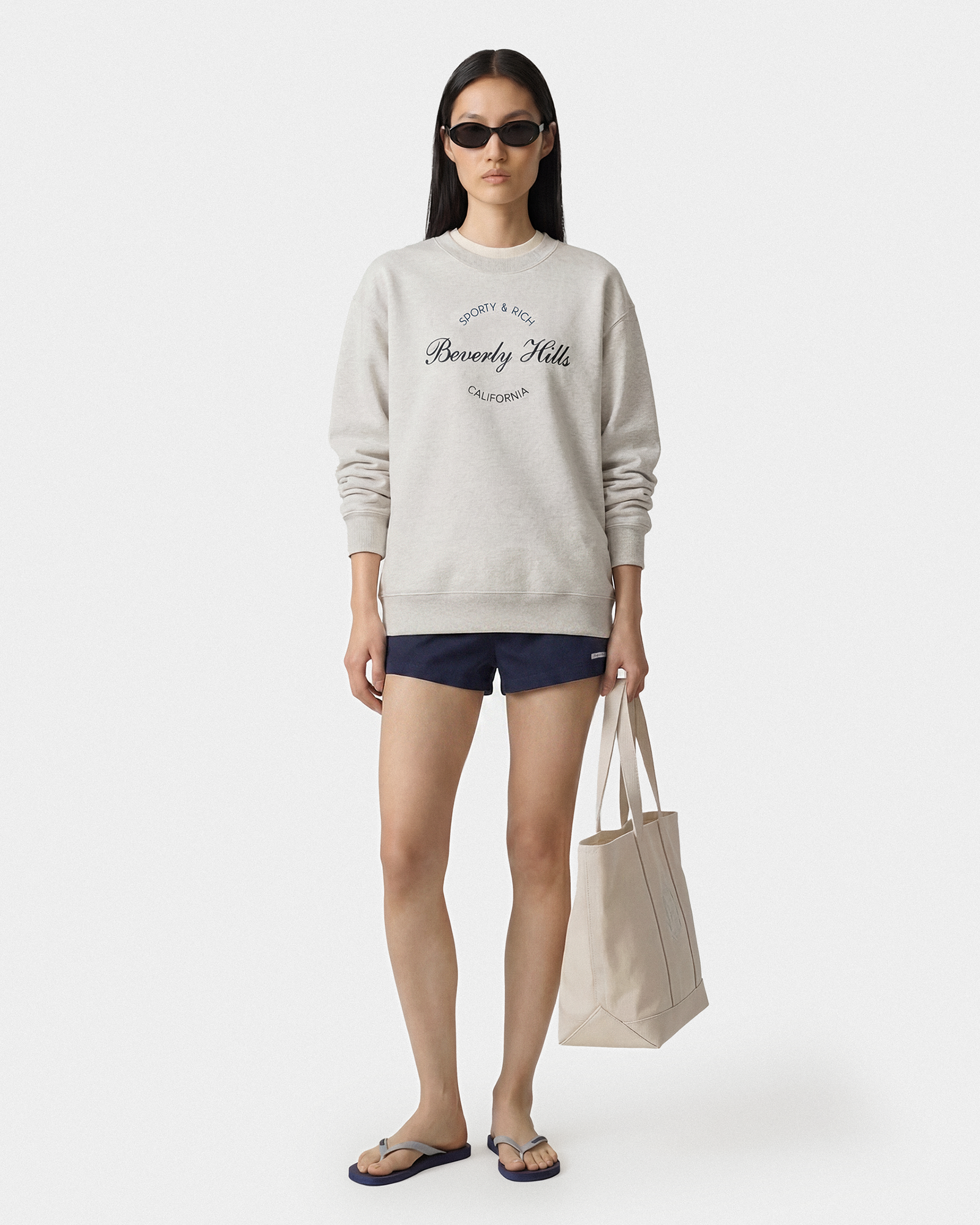 T-shirt à col rond « Beverly Script » - Gris chiné/Bleu marine