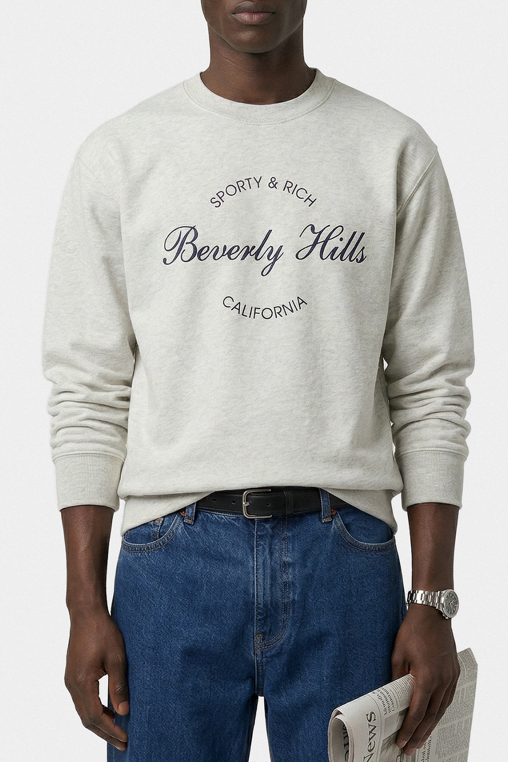 Pull à col rond Beverly Script - Gris Chiné & Bleu Marine