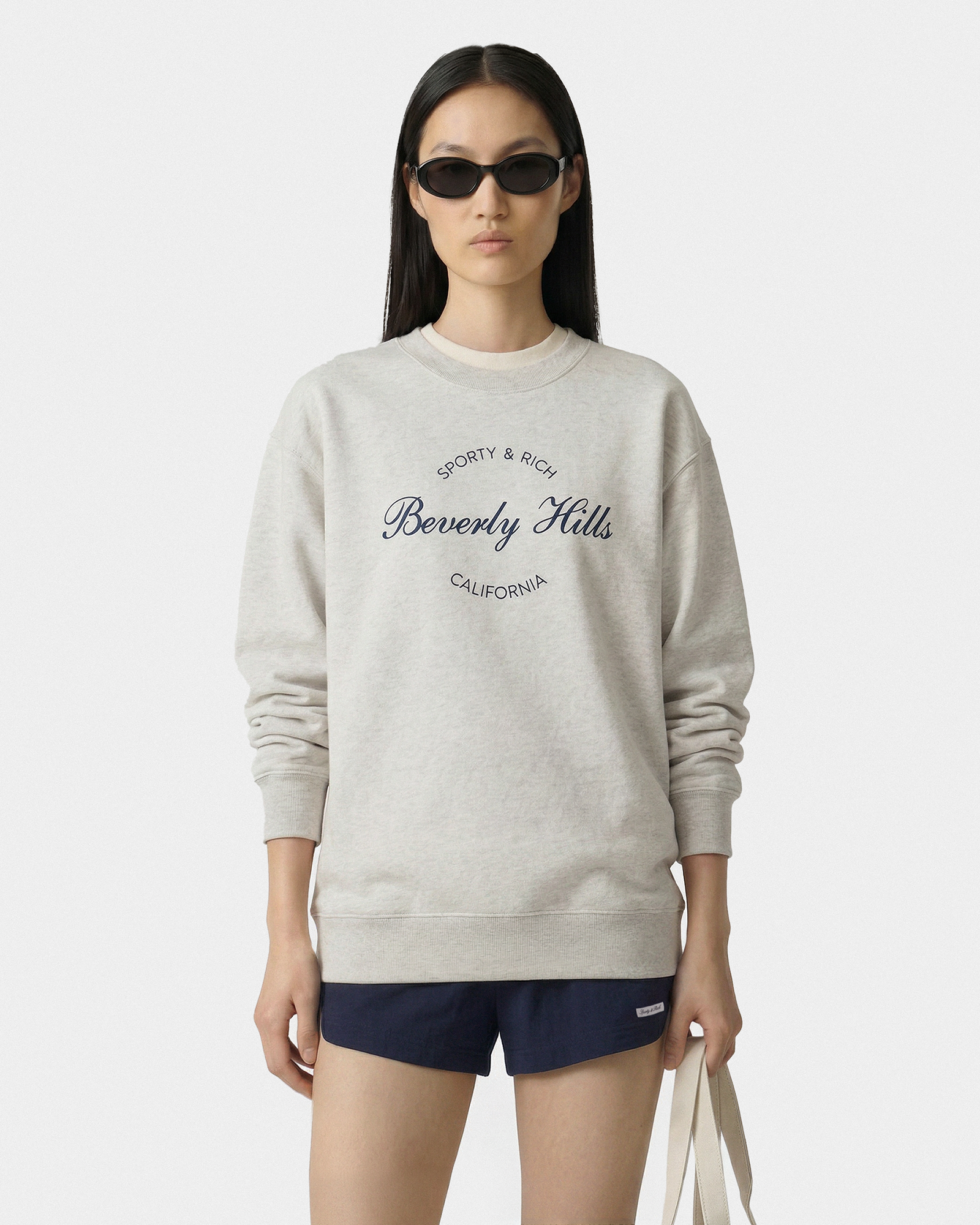 T-shirt à col rond « Beverly Script » - Gris chiné/Bleu marine