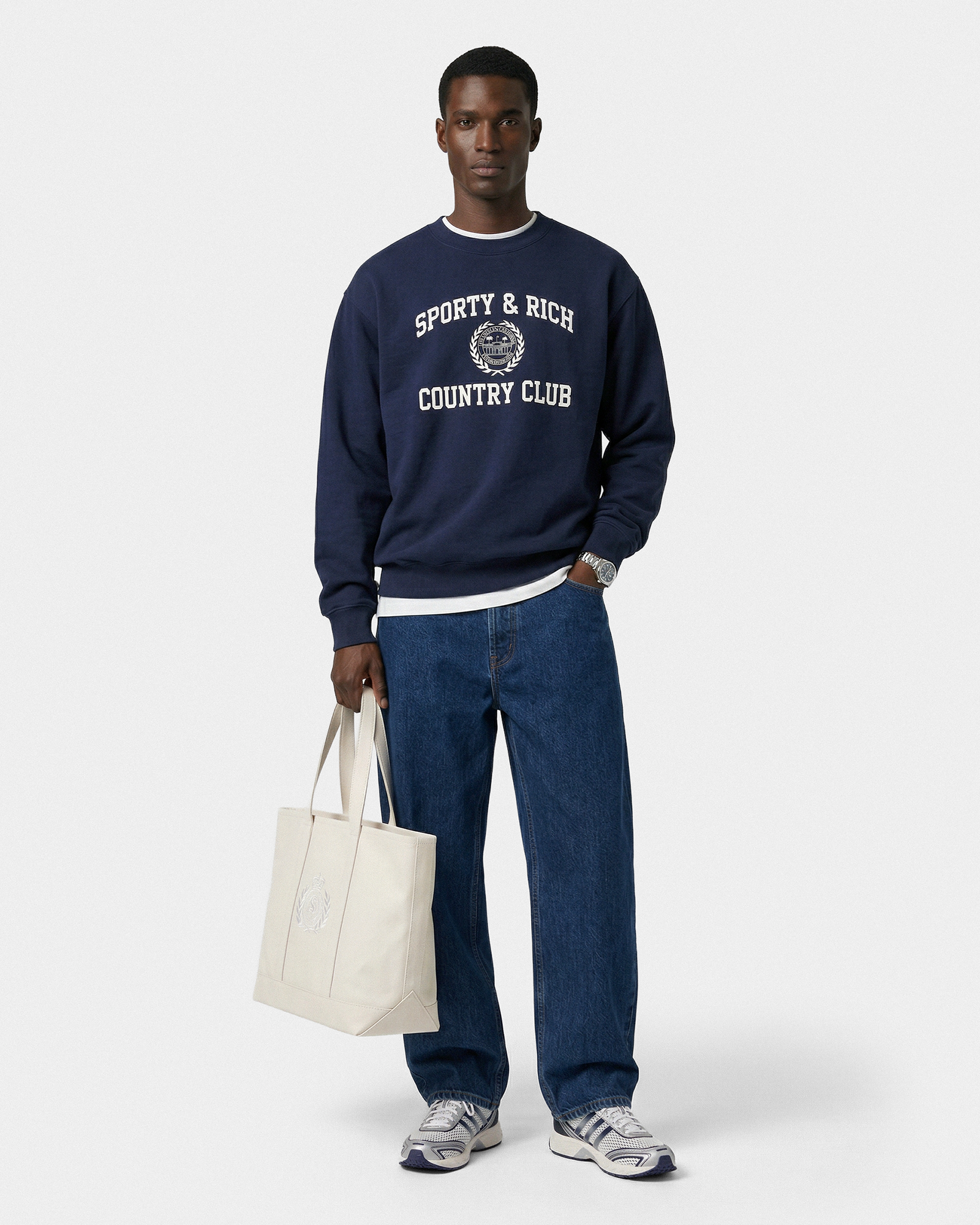 Pull à col rond Varsity Crest - Bleu marine/Blanc