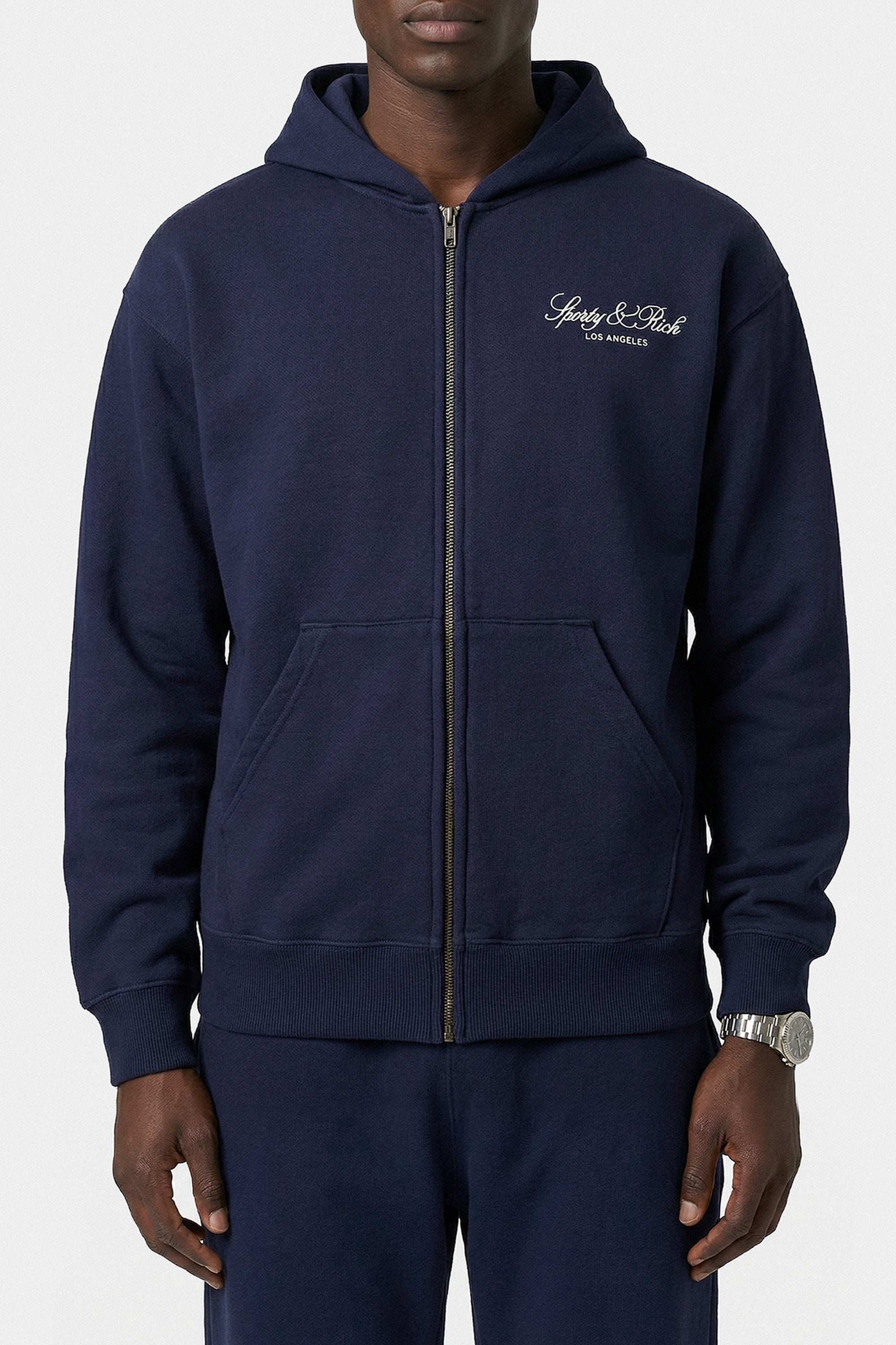 Sweatshirt zippé brodé Vendome LA - Bleu Marine & Blanc