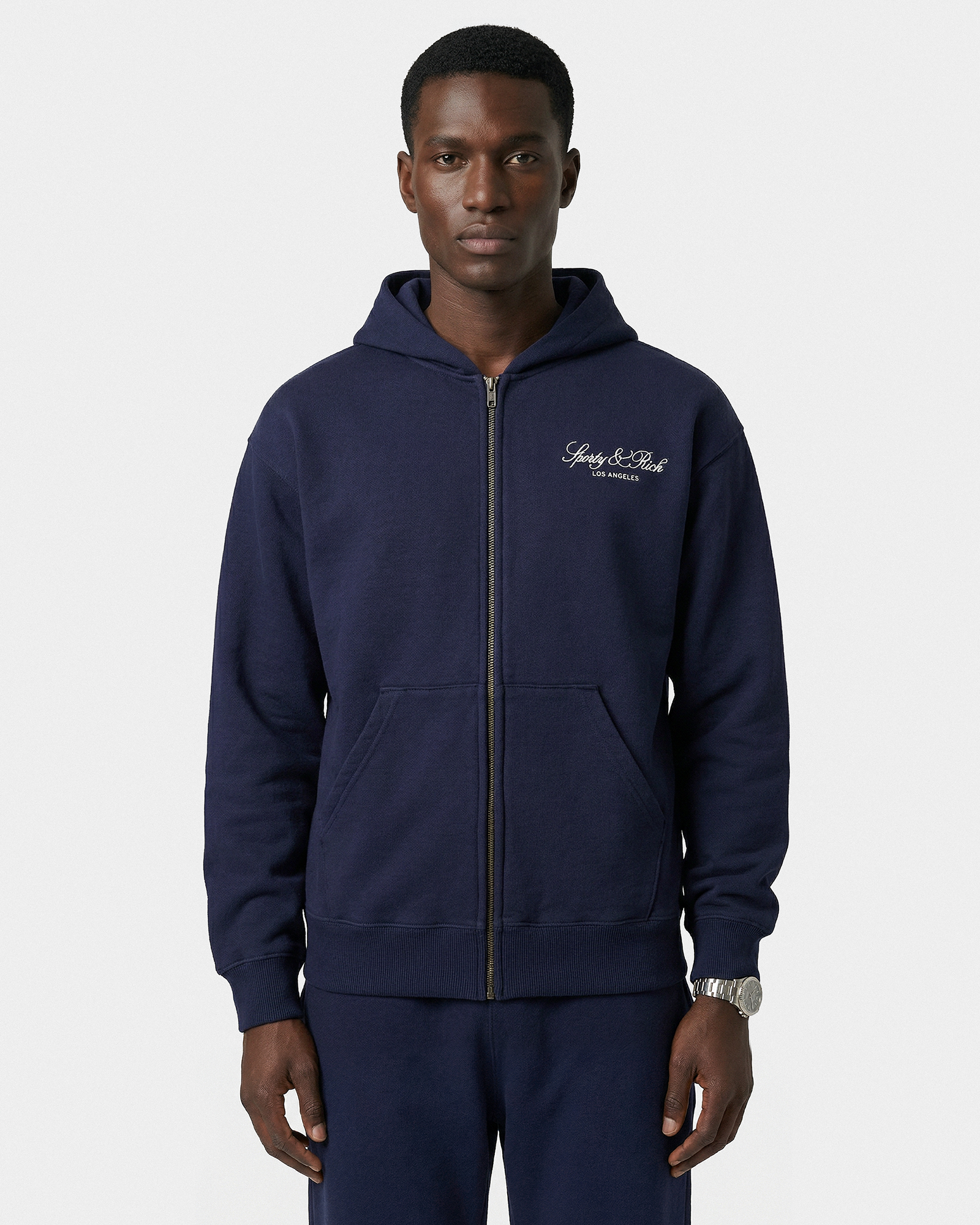 Sweat à capuche zippé brodé Vendome LA - Bleu marine/Blanc