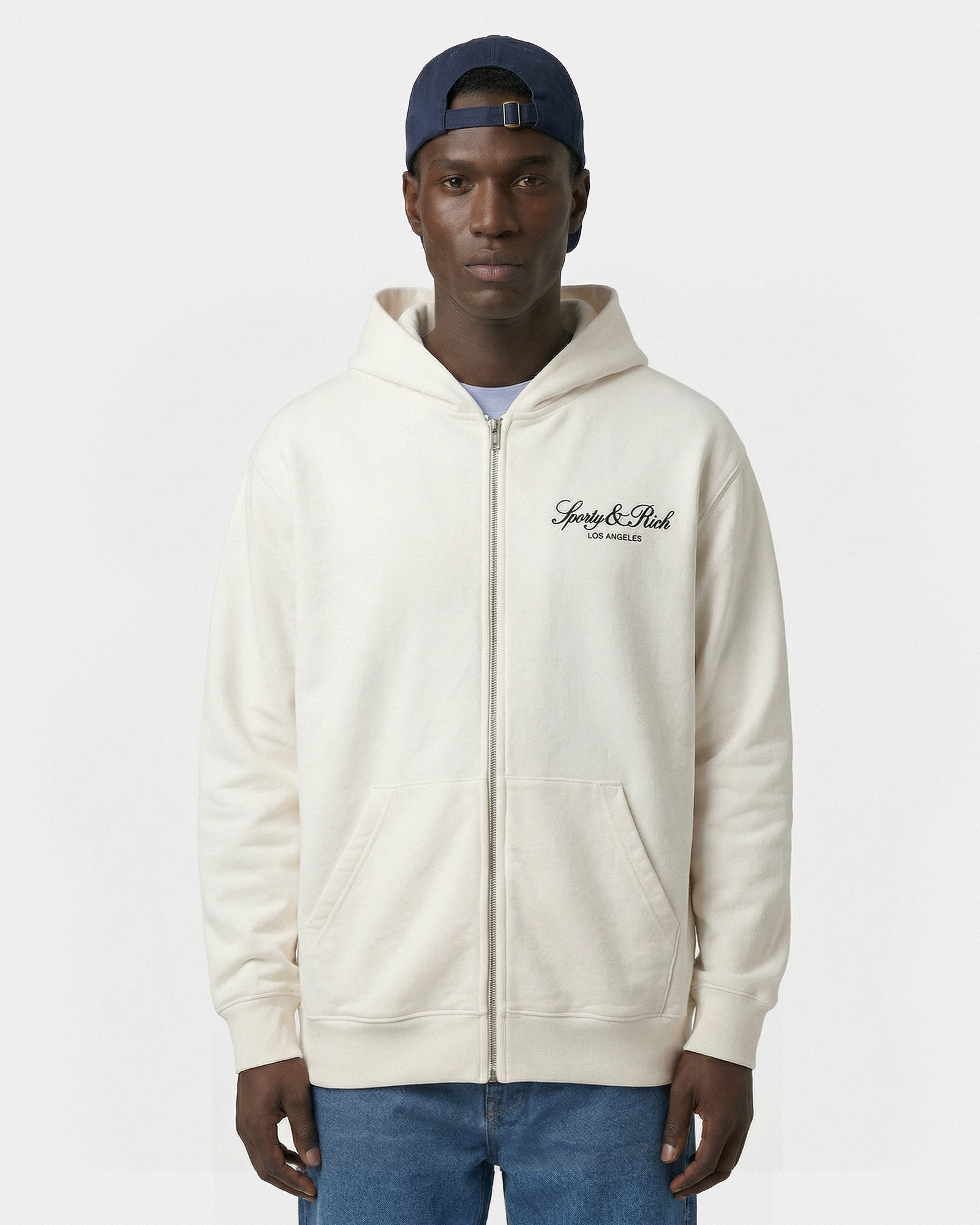 Sweat à capuche zippé brodé Vendome LA - Écru/Bleu marine