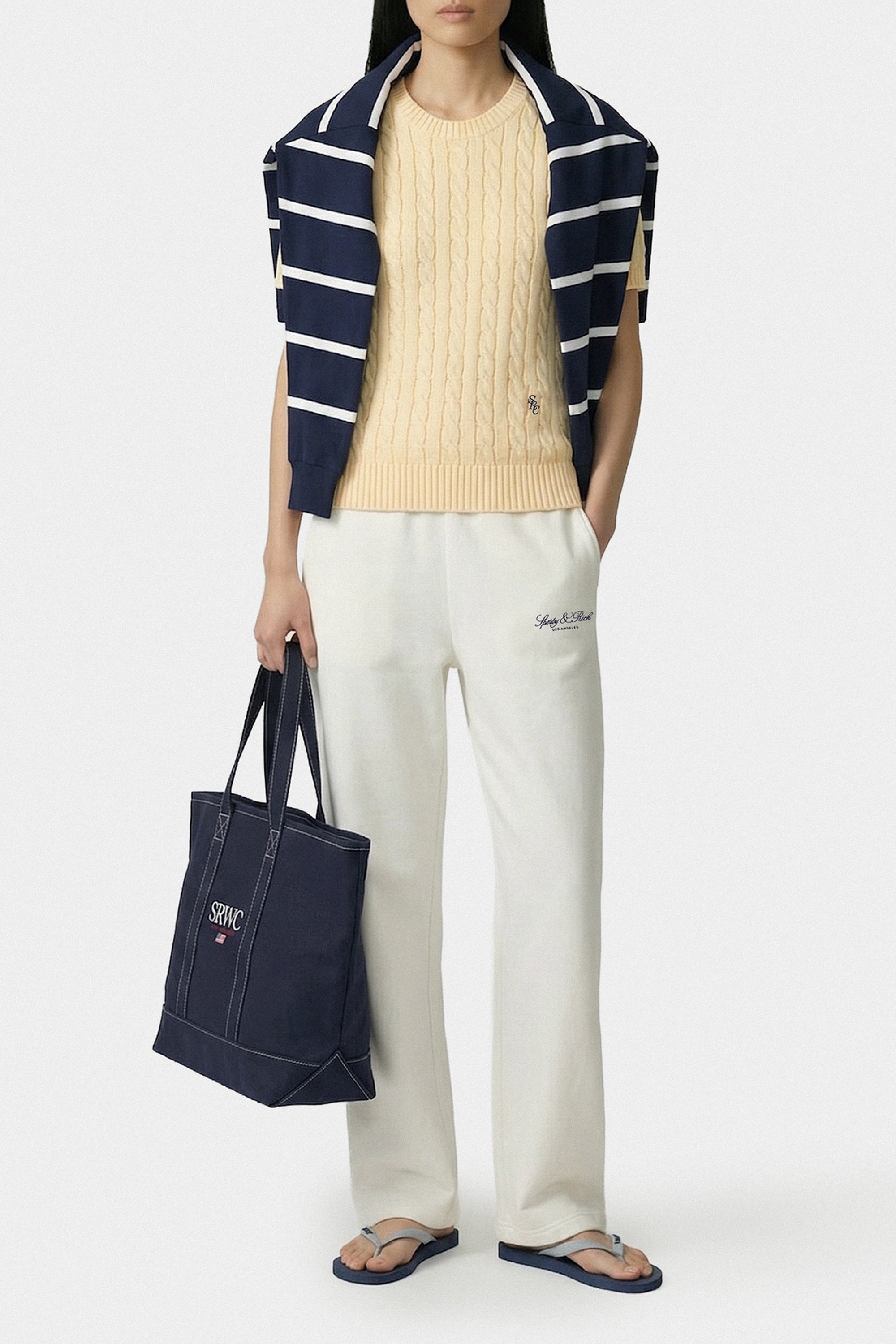 Pantalon de survêtement large brodé Vendome LA - Écru & Bleu Marine